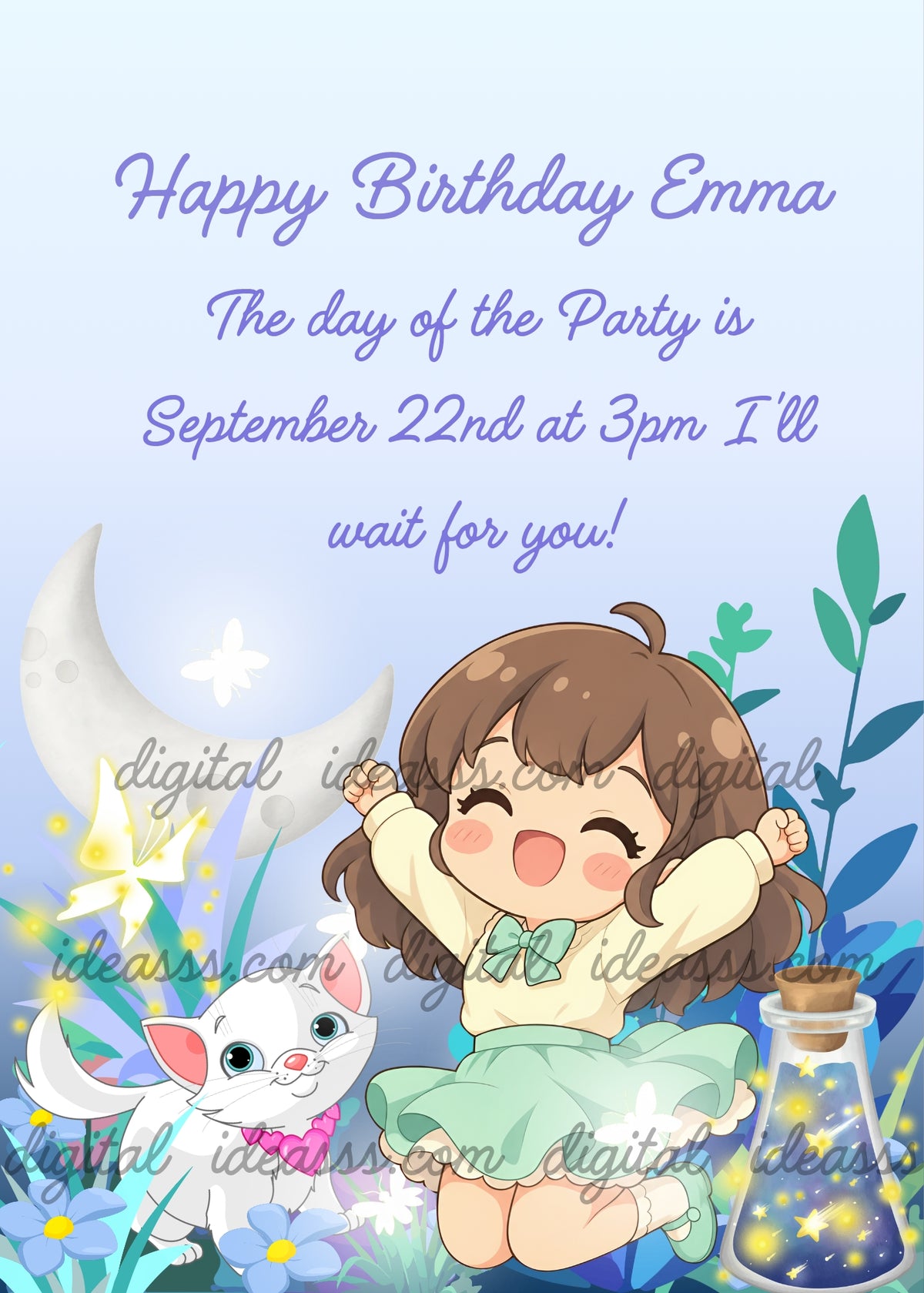 Kawaii girl excited catching fireflies in a glass bottle on a summer night, white kitten watching, crescent moon, blue flowers on pastel background — birthday card for girls aged 8 to 12