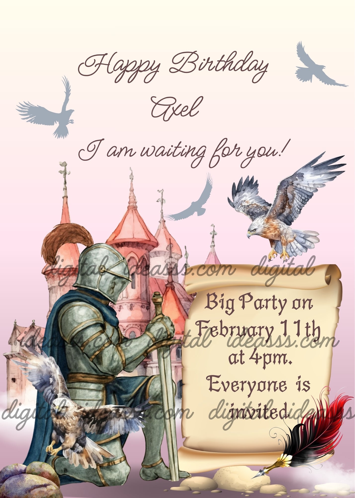 Medieval knight in silver armor with teal cape kneeling with sword planted in the ground, majestic falcon landing on parchment scroll, second falcon flying close to the knight, falcon silhouettes soaring in the sky, pink castle with tall towers in the background, decorative quill pen with red and black feathers, soft pink and lilac gradient background — birthday card for boys aged 10 to 14