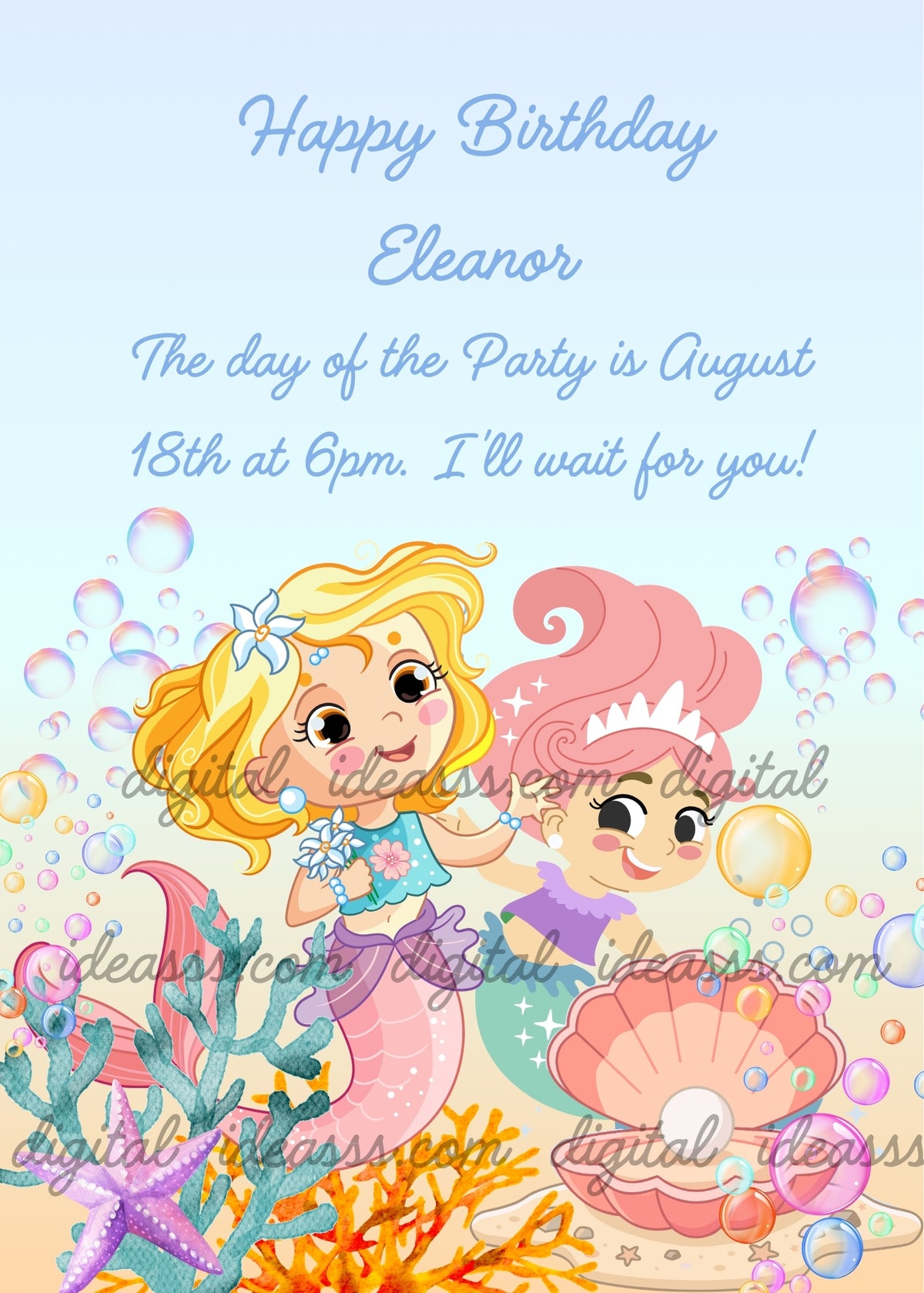 Two mermaids with blonde and pink hair near a pink oyster shell with a pearl, colorful bubbles, teal and orange corals and starfish on sandy beige and light blue background — birthday card for girls aged 1 to 9