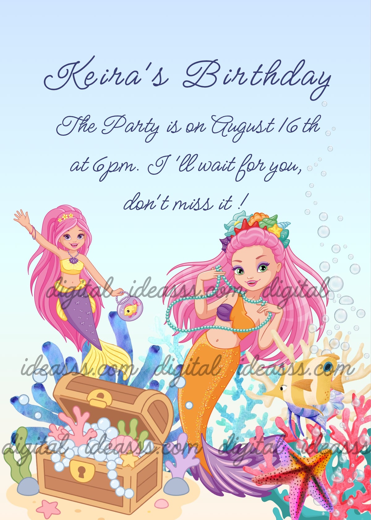 Two mermaids with pink hair, one holding a pearl necklace and one waving with a fish purse, treasure chest full of pearls, colorful corals and starfish on light blue background — birthday card for girls aged 10 to 14