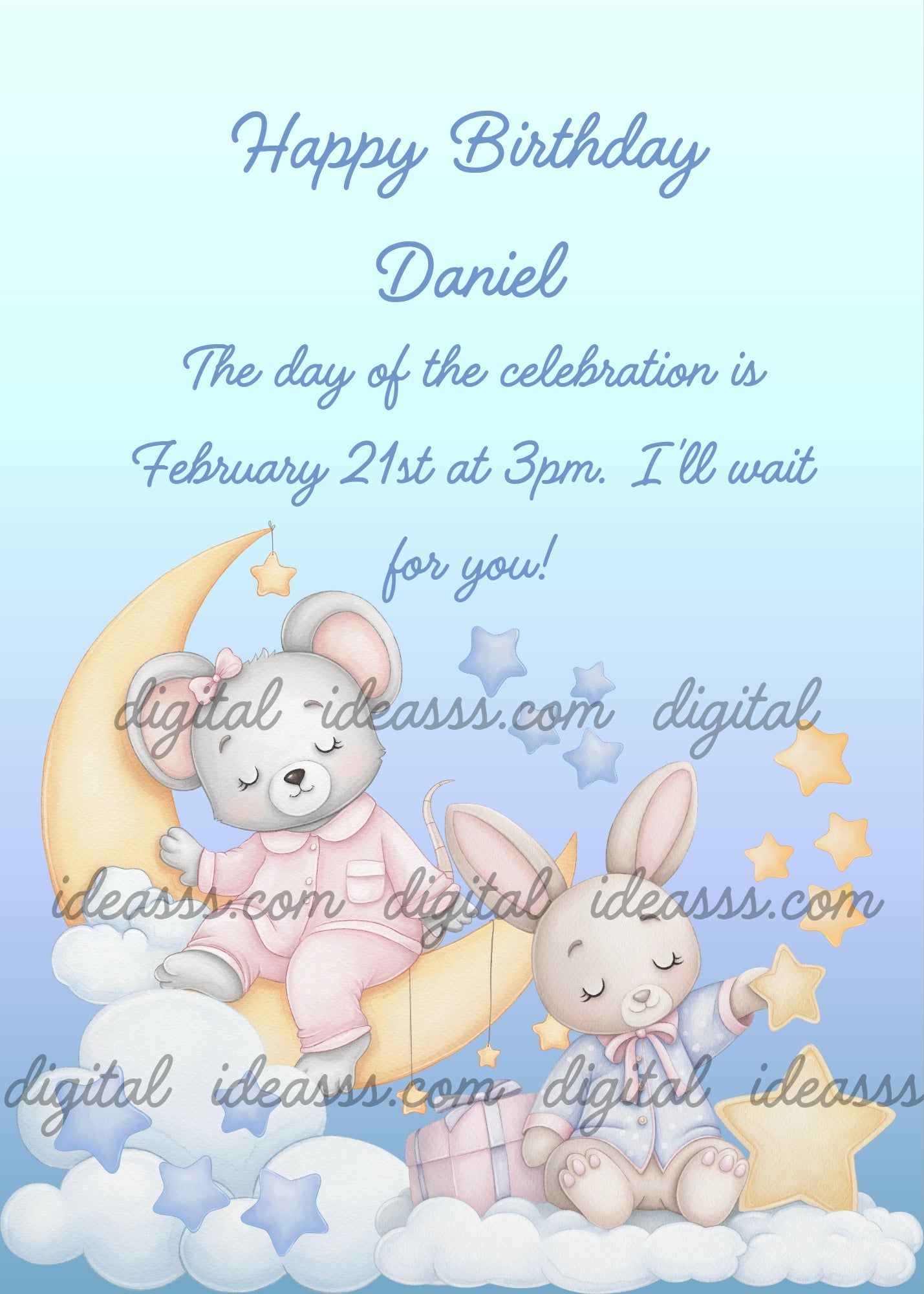 A sleepy grey mouse in pink pajamas sitting on a crescent moon and a little bunny in white pajamas reaching for golden stars, on a soft blue and lavender background with clouds — birthday card for children aged 1 to 8