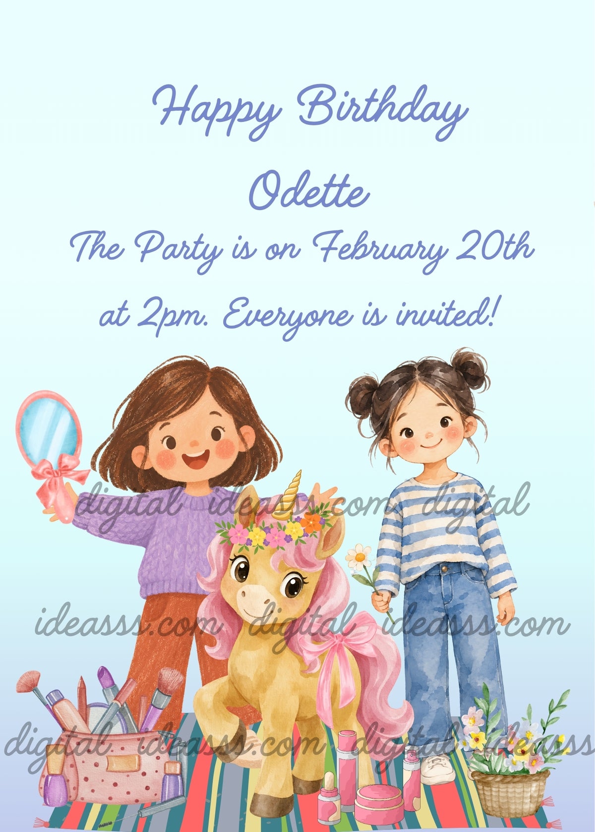 Two girls beside a golden unicorn with a pink mane, flower crown and large pink bow, one girl celebrating with a handheld mirror and the other holding a flower, on a striped rug with beauty accessories and a flower basket - printable birthday card for girls aged 1 to 10