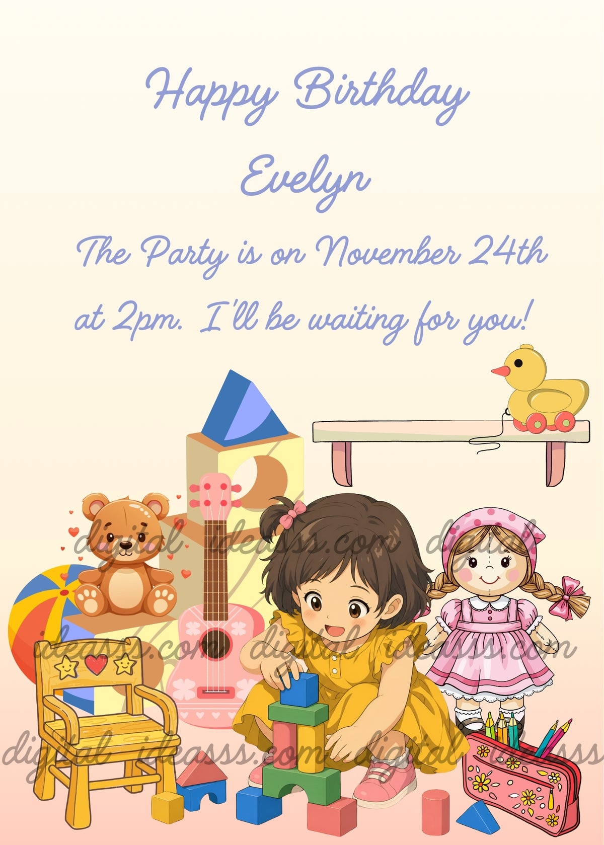 Girl in a yellow dress building a colorful block tower, surrounded by a teddy bear sitting on a wooden block, a pink-dressed doll, a small yellow chair, a pink guitar, a colorful ball, a yellow toy duck on a shelf and a pink pencil case with colored pencils, against a cream-to-peach background - printable birthday card for girls aged 1 to 9