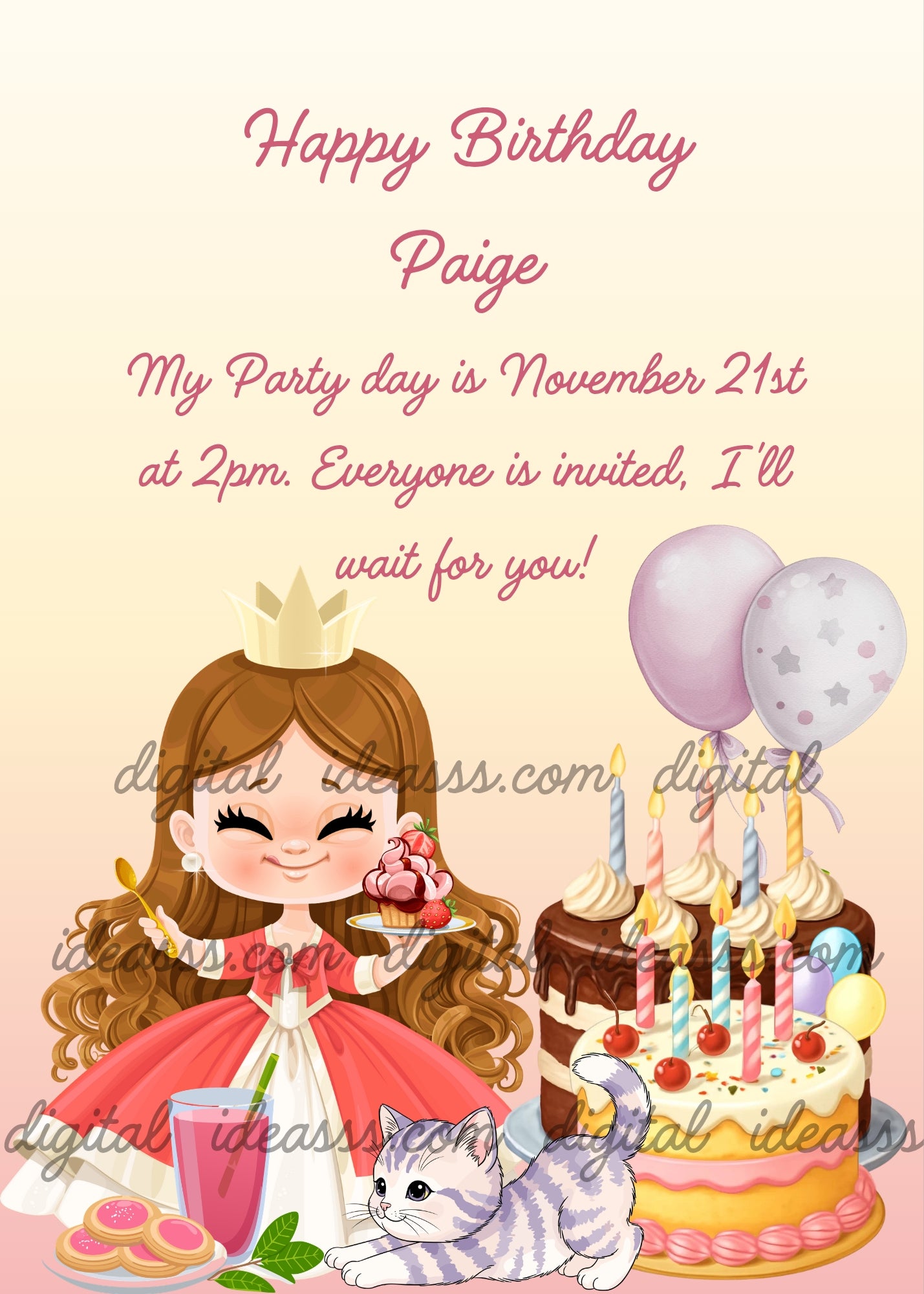 A kawaii princess with long brown hair and a golden crown in a coral pink dress holding a cupcake, a cream and chocolate cake and a vanilla strawberry cake with cherries, a plate of strawberry pastries, a funny kitten stretching, and two light lilac balloons on a soft cream gradient background — birthday card for girls aged 5 to 12