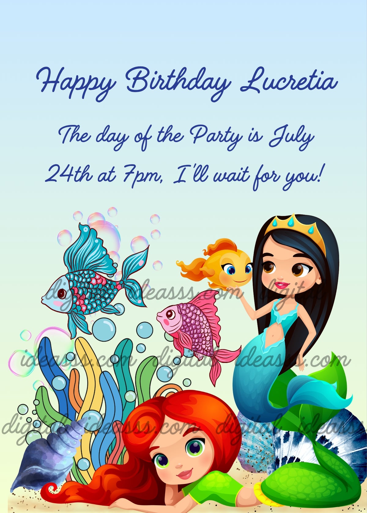 Two mermaids with black and red hair, blue teal fish, orange fish, pink fish, colorful seaweed, bubbles and shell on sandy light blue background — birthday card for girls aged 6 to 12