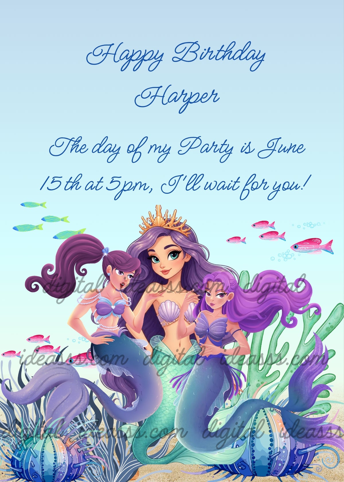 Queen mermaid with purple hair and golden crown with two lady mermaids, pink fish, teal fish, green corals, sea urchins and seaweed on sandy light blue background — birthday card for girls aged 9 to 10