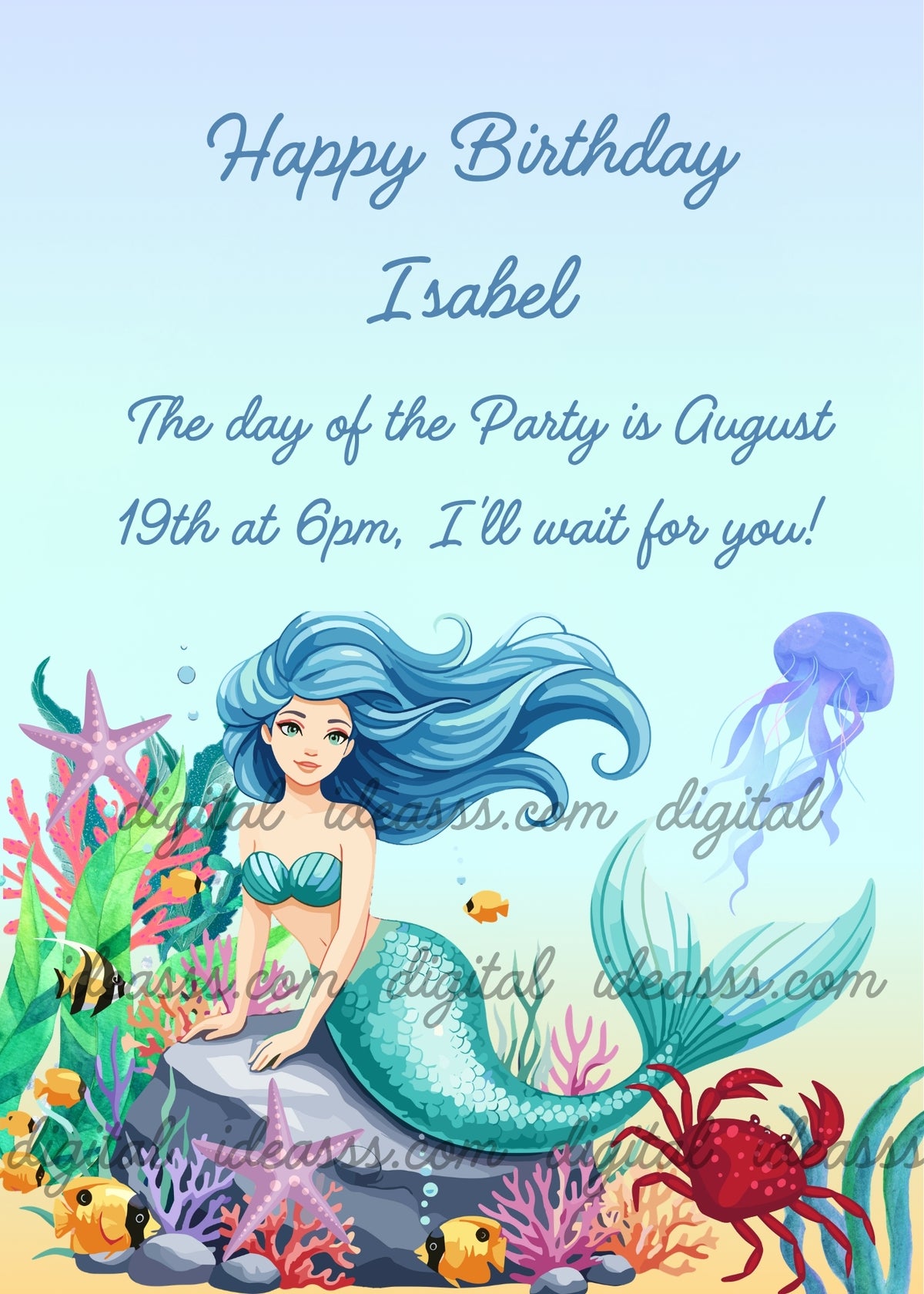 Mermaid with long blue hair and turquoise tail sitting on a rock, red crab, light blue jellyfish, yellow and black fish, pink corals and green seaweed on light blue background — birthday card for girls aged 10 to 14