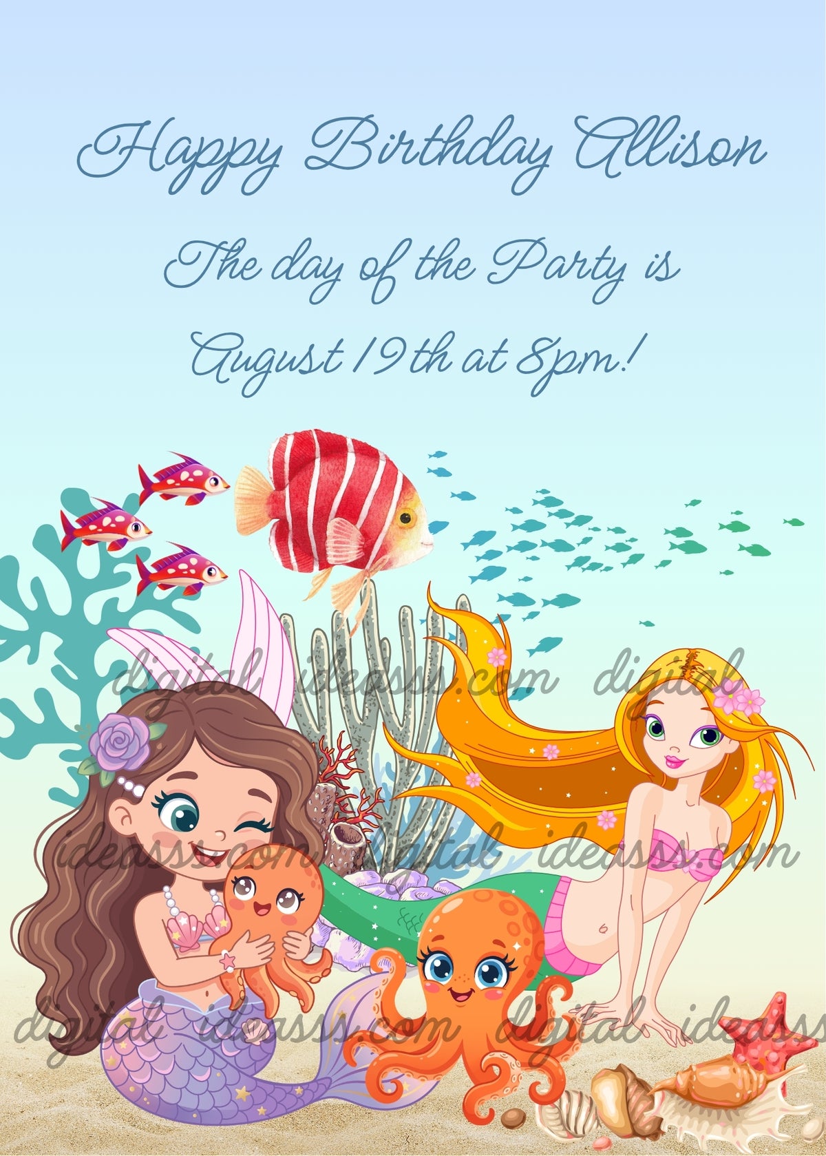 Two mermaids with brown and blonde hair playing with orange octopus babies, red striped fish, pink fish, teal fish school, teal coral and starfish on sandy light blue background — birthday card for girls aged 9 to 14
