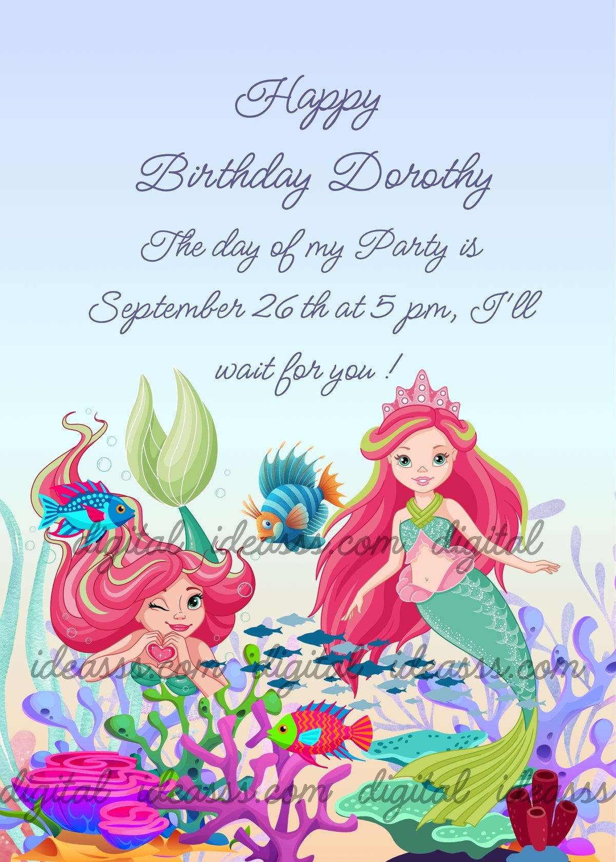 Two red-haired mermaid twins, one making a heart gesture, colorful fish, teal and purple corals and green seaweed on sandy light blue background — birthday card for girls aged 10 to 14
