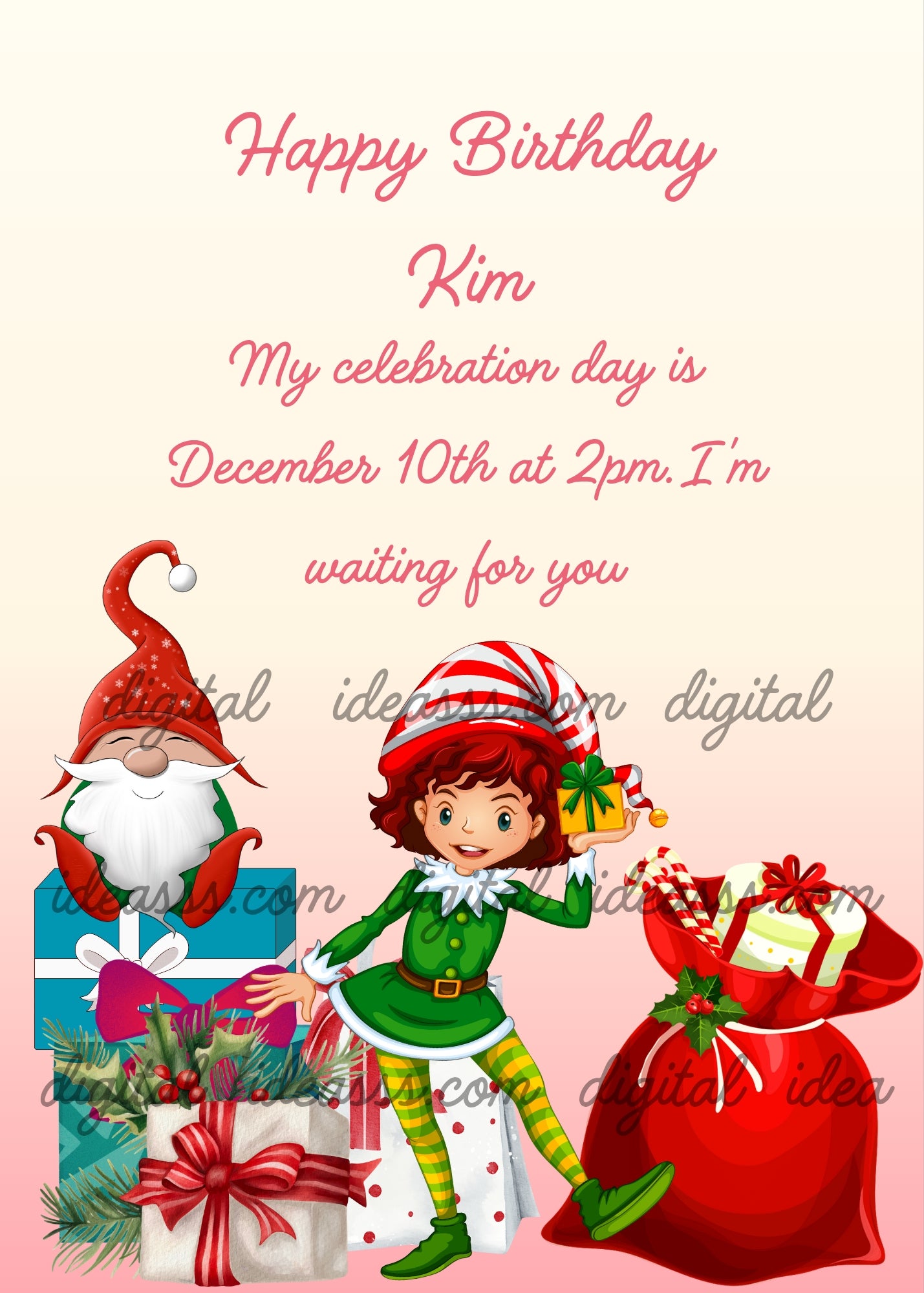 A white bearded gnome with a curved red hat and a red haired girl elf in a green outfit with a white polka dot skirt and red and white striped hat holding a yellow gift and a candy cane next to a pile of colorful gift boxes and a large red Santa sack on a soft pink cream gradient background — printable Christmas birthday card for children ages 5 to 12
