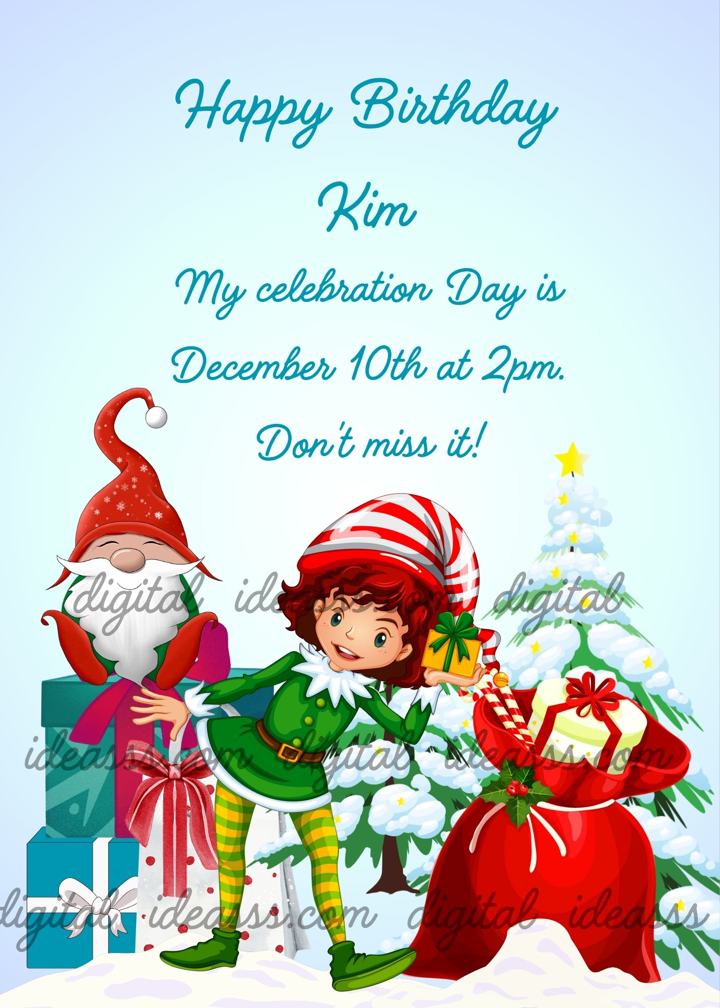 A boy elf in green with red and white striped hat holding a gift, a jolly gnome with tall red hat and white beard sitting on top of a stack of colorful gift boxes, a large red sack full of presents, a decorated Christmas tree with golden star and two tall snow-covered trees in the background — birthday card for children aged 5 to 12