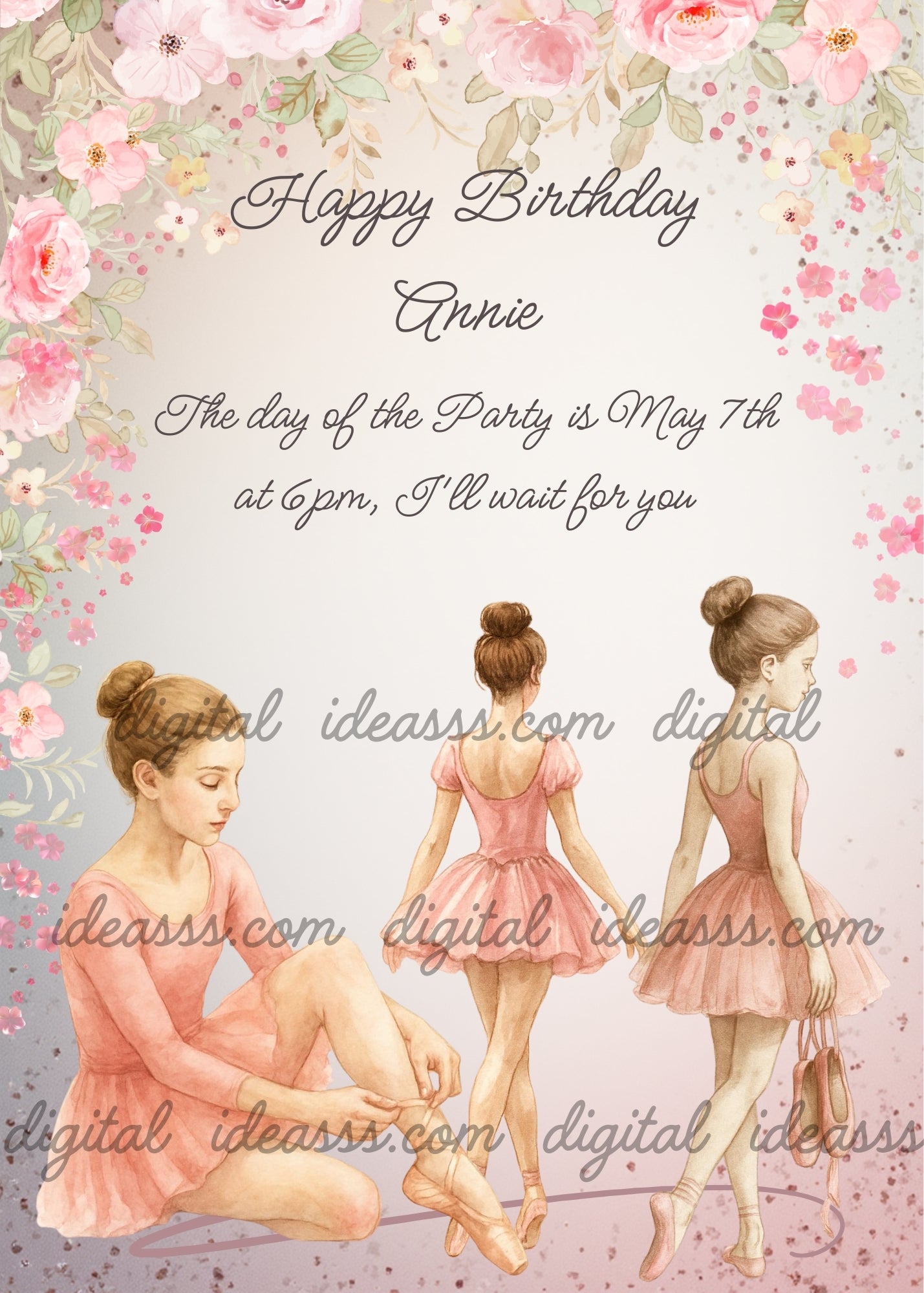 Classical ballet dancers on break with floral decoration — printable birthday card for girls ages 10 to 14