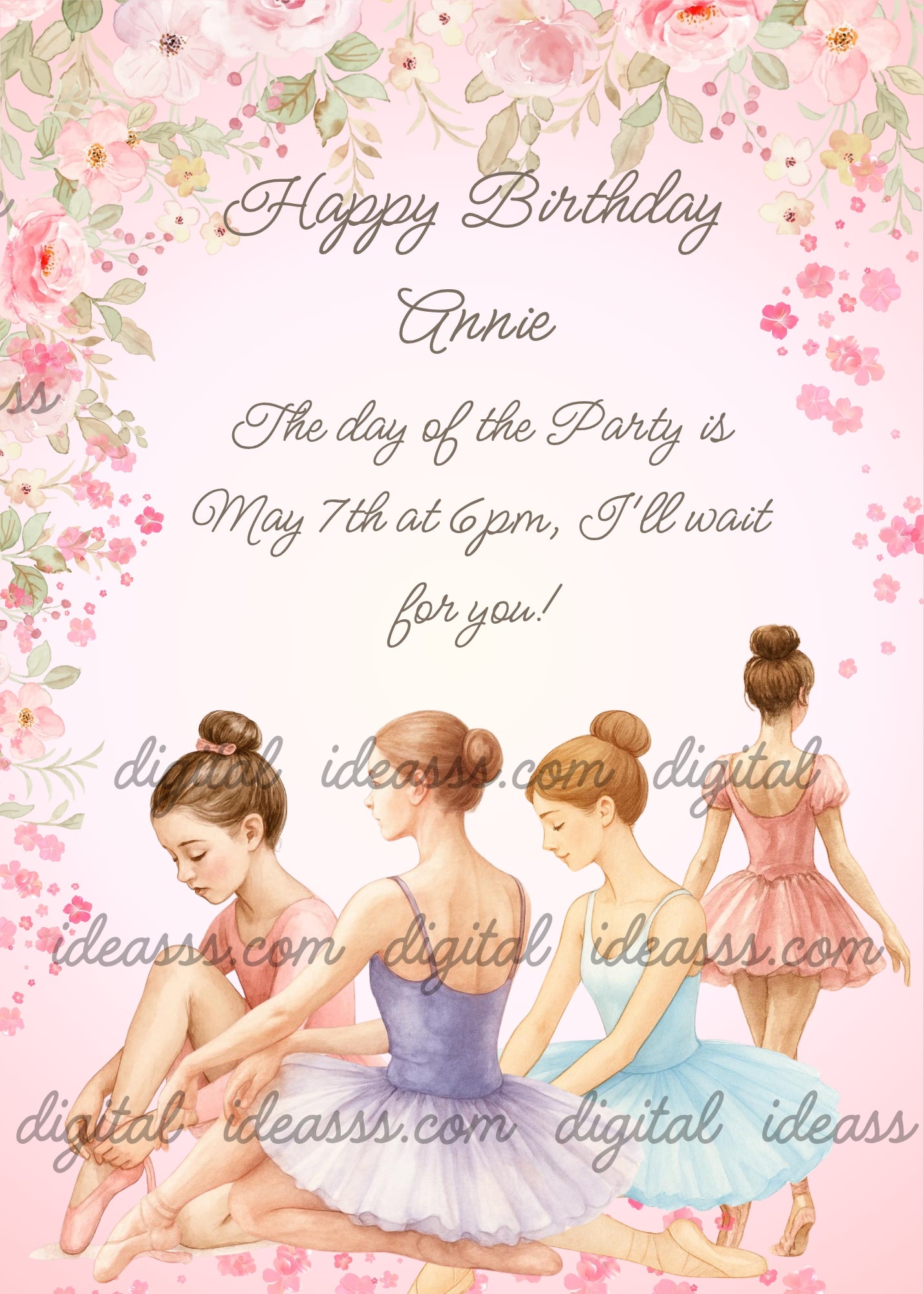 Four ballerinas in pink, lavender and blue tutus resting among pink roses and flowers — birthday card for girls aged 10 to 14