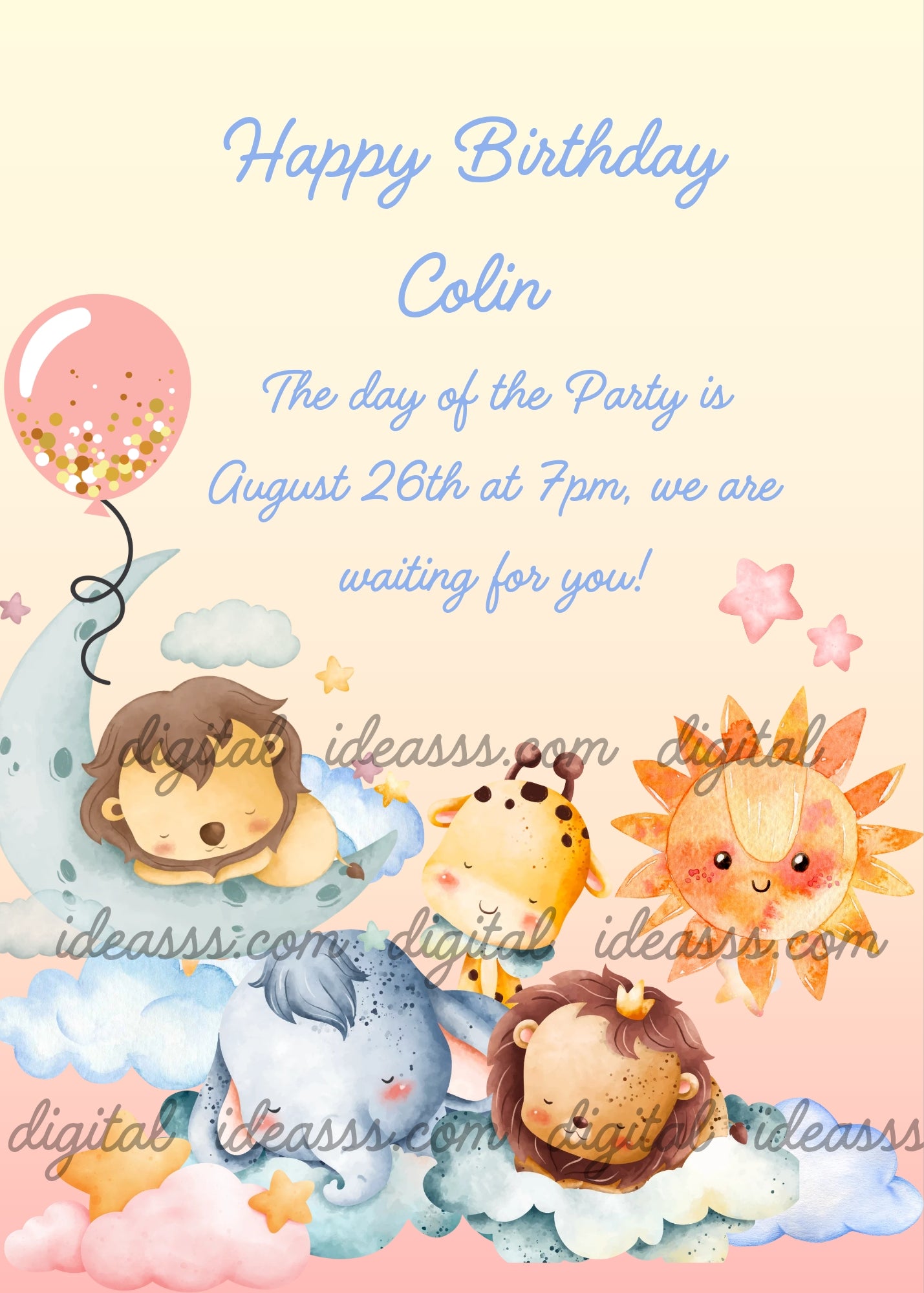 Cute kawaii sleeping jungle animals on clouds and moon: a lion cub sleeping on a crescent moon, a baby giraffe lying down, a smiling kawaii sun, a blue baby elephant sleeping on clouds, and another sleeping lion cub, surrounded by pink and yellow stars and a pink balloon with golden confetti, on a soft pastel yellow and pink background — birthday card for children aged 1 to 9