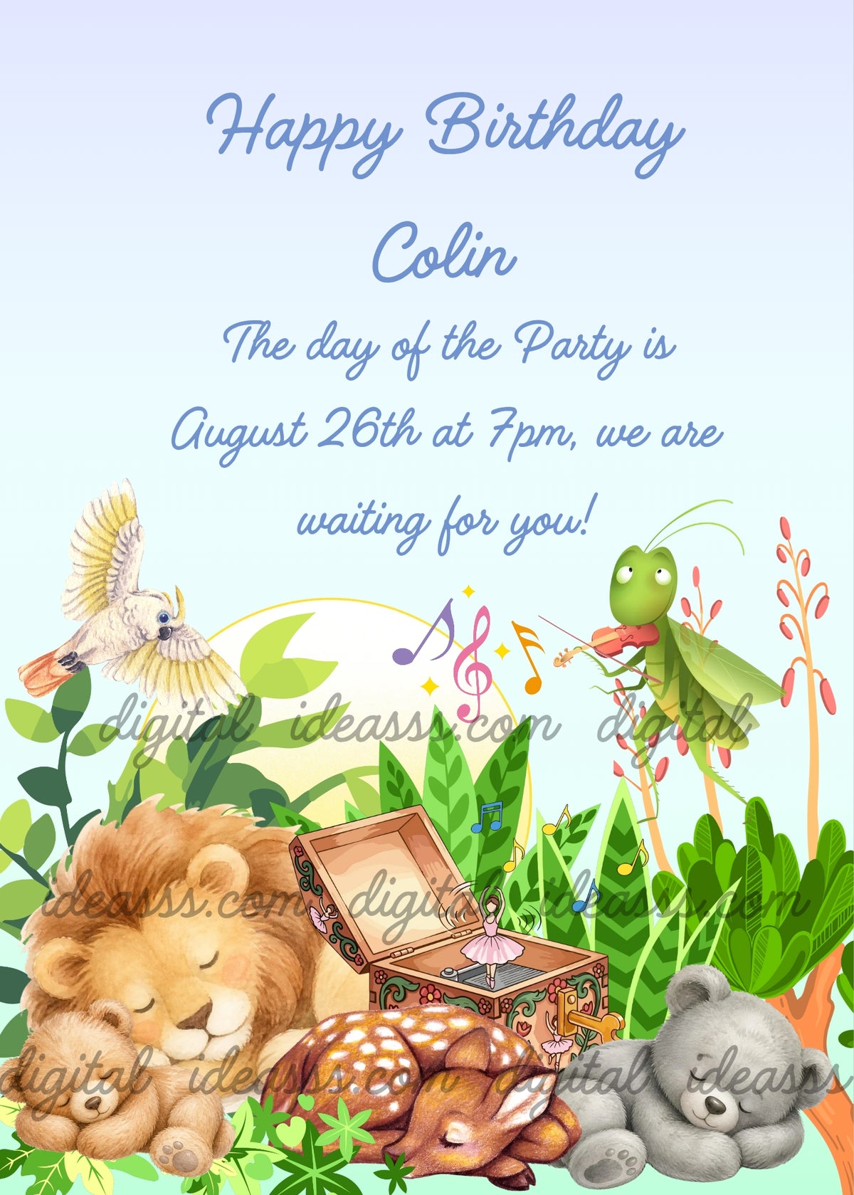 Sleeping lion, bear cub, fawn and grey teddy bear resting in the jungle, with a music box, a grasshopper playing violin, a white parrot flying and colorful musical notes on a soft blue pastel background — birthday card for children aged 1 to 9