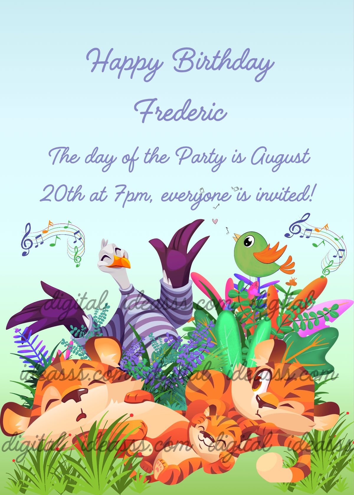Large mother tiger sleeping on grass with tiger cub snuggled against her, second tiger cub behind with one eye open disturbed by singing, funny seagull in blue and lilac striped shirt, cheerful green bird singing with heart, colorful musical notes, tropical plants on soft blue and pastel green background — birthday card for children aged 5 to 10