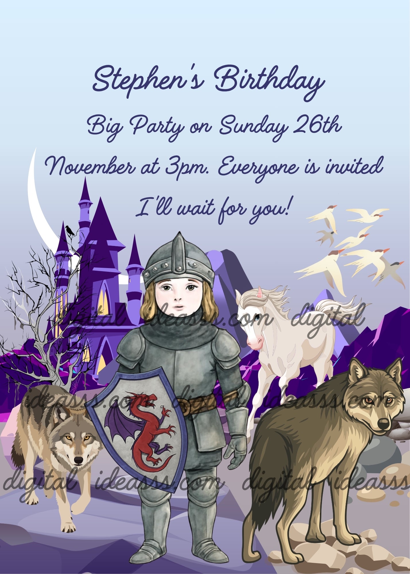 Watercolor young knight in silver armor with dragon shield standing frontally, two loyal wolves approaching from either side, white horse galloping behind, dark purple gothic castle with crescent moon on the left, white birds flying on the right, purple mountains on a blue-gray background — birthday card for boys aged 10 to 14