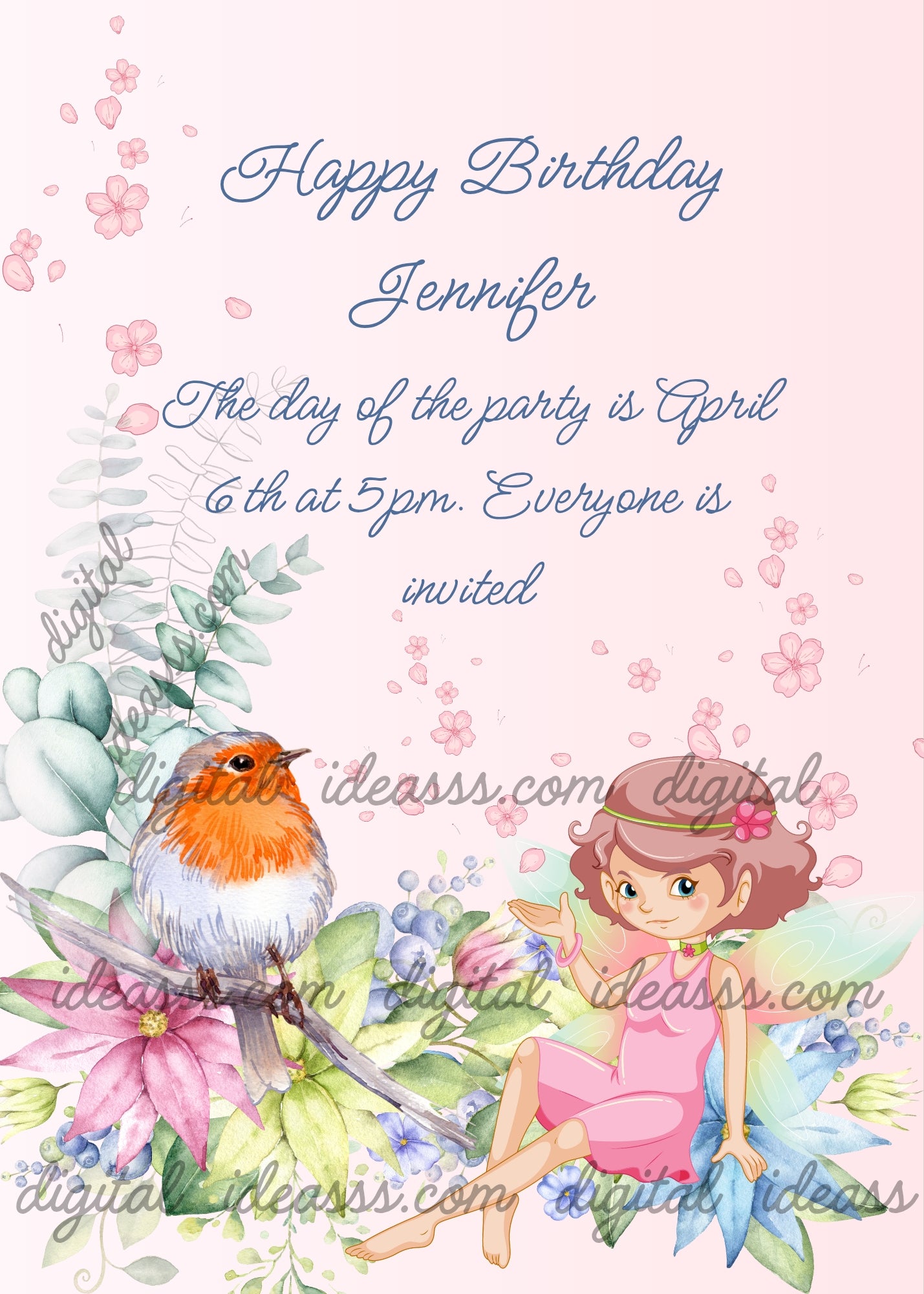 A cute brown haired fairy with a green headband and pink flower in a pink dress sitting next to a robin on a branch with watercolor pink lilac and blue flowers green leaves and cherry blossom petals on a soft pink background — printable birthday card for girls ages 9 to 14
