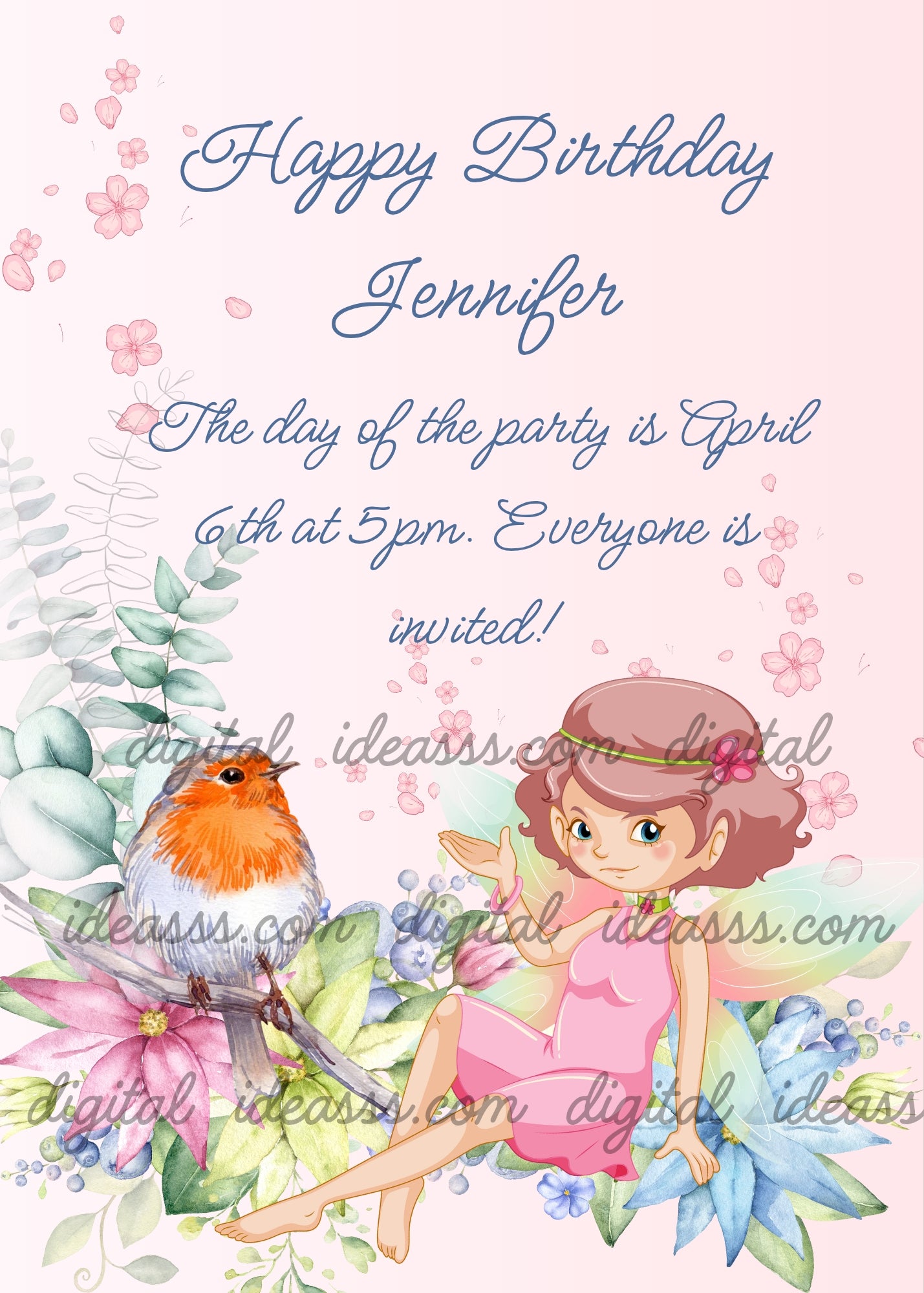A cartoon fairy with curly brown hair in a pink dress sitting among watercolor flowers with a robin bird on a soft pink background — birthday card for girls aged 9 to 14