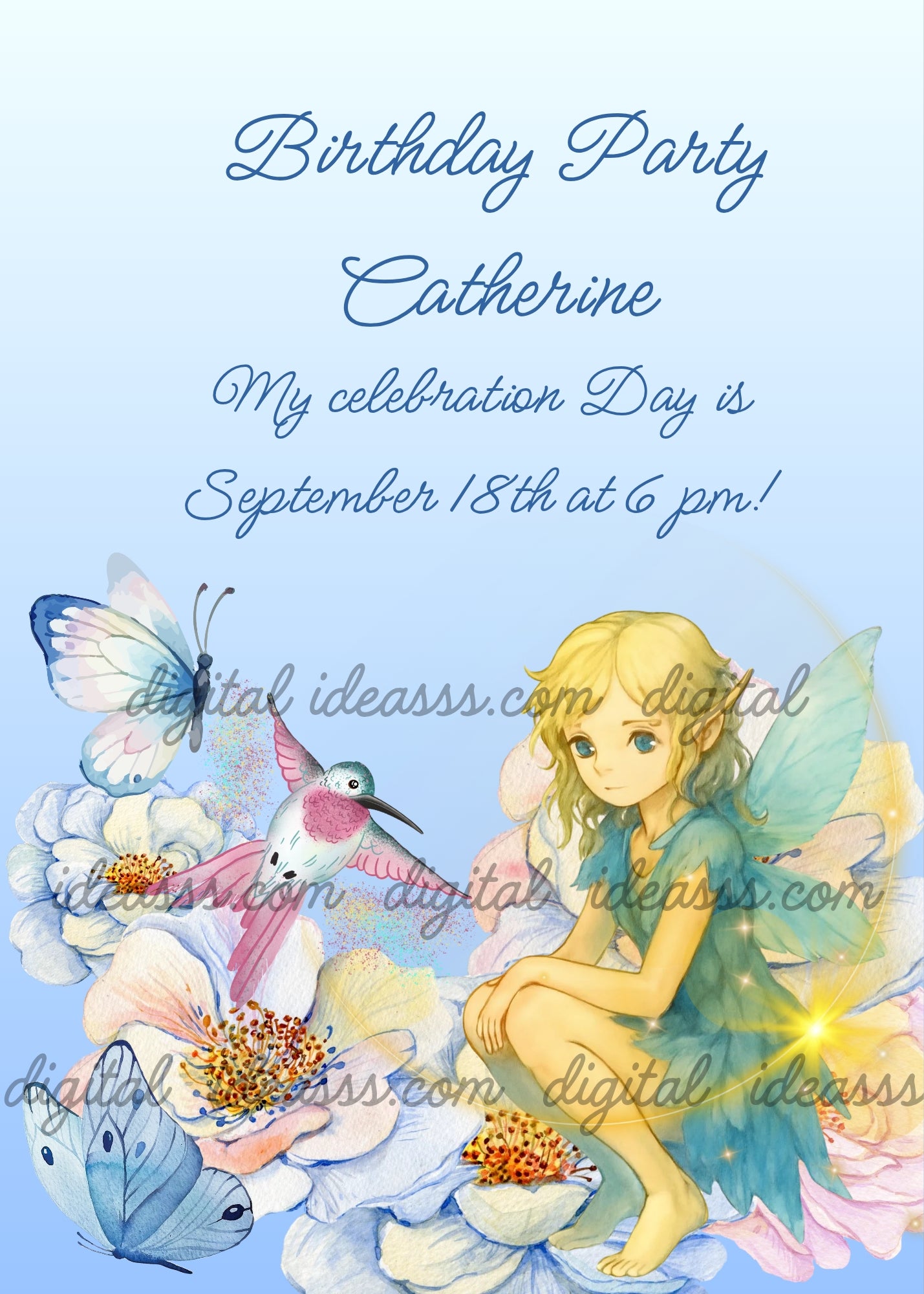A blonde elf fairy with teal wings sitting on wild white roses with a pink hummingbird and blue butterflies on a soft blue background — birthday card for girls aged 9 to 14