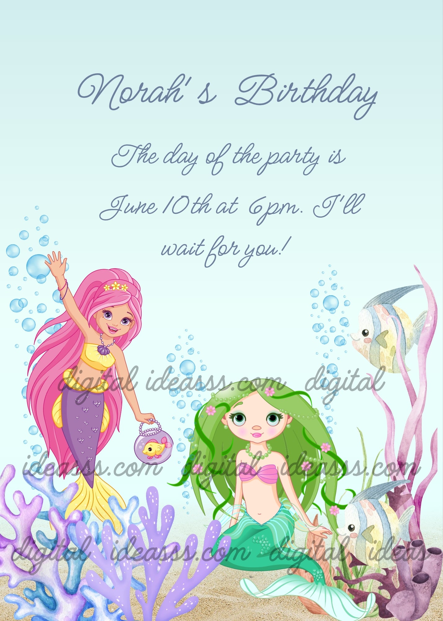 Two mermaids, one with long pink hair, a yellow top, and a purple tail, holding a purse with a fish, and the other with long green hair and pink flowers, a pearl necklace, and a teal tail, sitting on the seabed, with white and blue angelfish, lilac corals and seaweed, and transparent bubbles on a light blue background — birthday card for girls aged 9-14