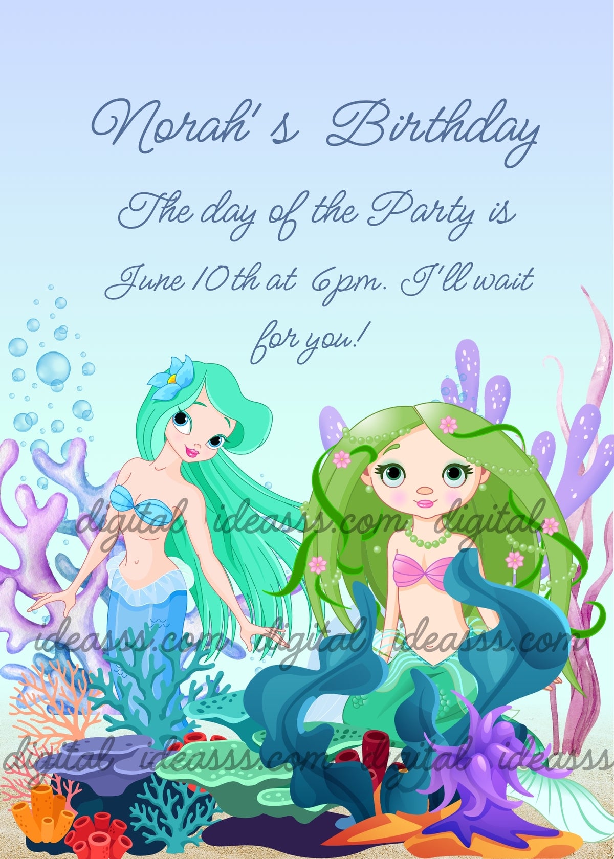 Two mermaids with teal and green hair surrounded by colorful purple orange and red corals, seaweed and purple starfish on sandy light blue background — birthday card for girls aged 9 to 14