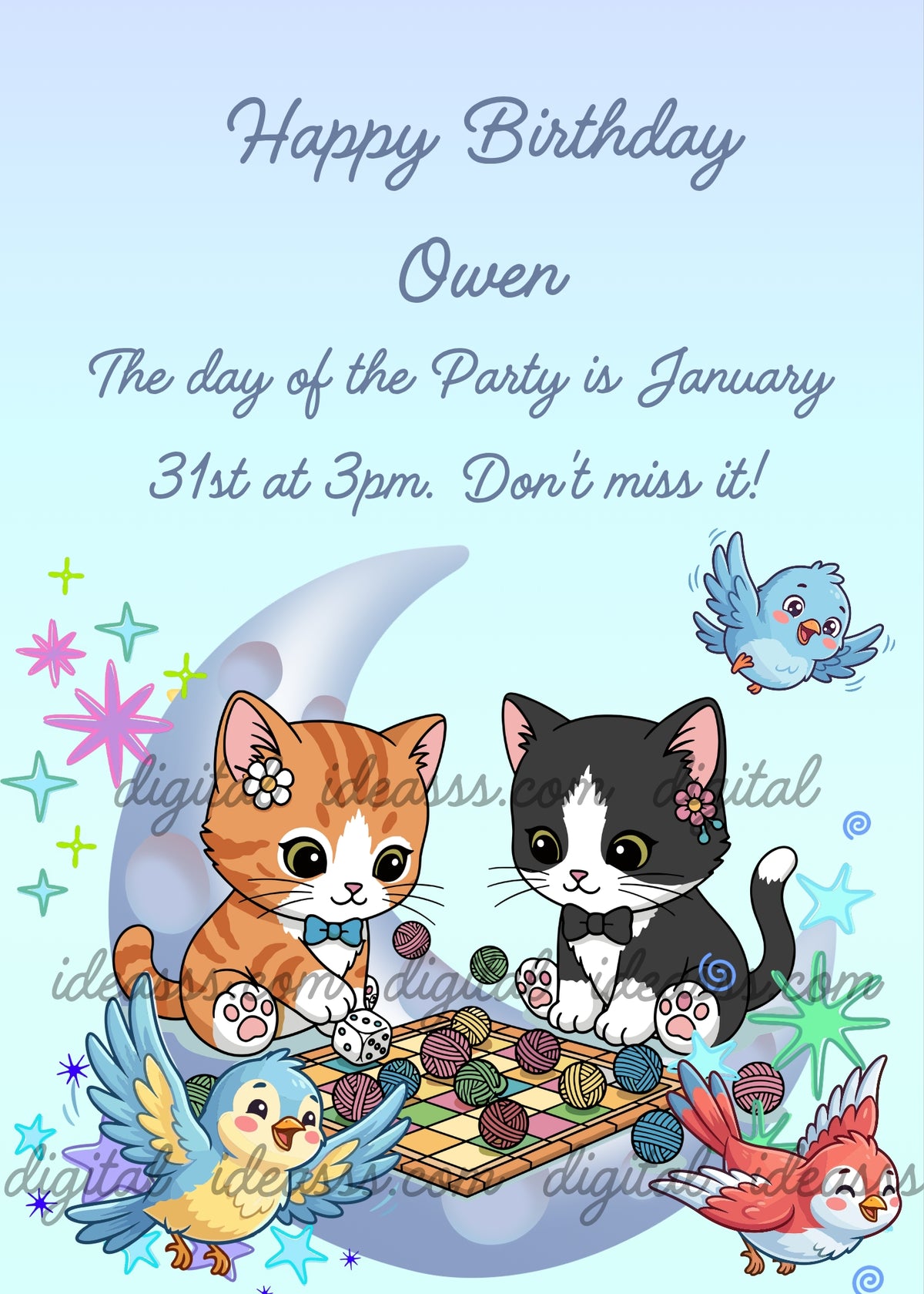 Two cute kittens playing checkers with colorful toy balls on a crescent moon, surrounded by festive birds and sparkling stars on a light blue background — birthday card for children aged 1 to 9