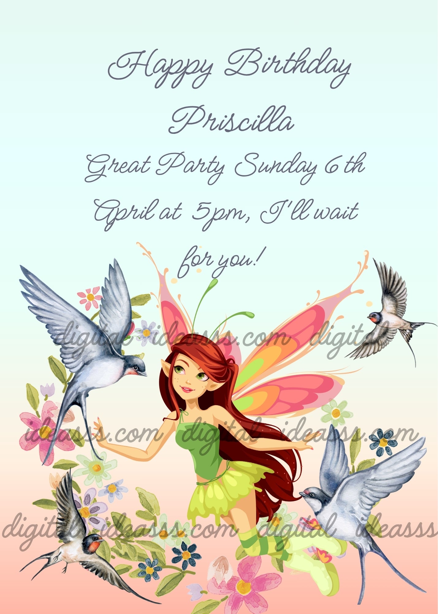 A red-haired fairy with colorful pink orange and yellow wings in a green dress with green and yellow striped socks flying with swallows and flowers on a blue pink gradient background — birthday card for girls aged 8 to 14