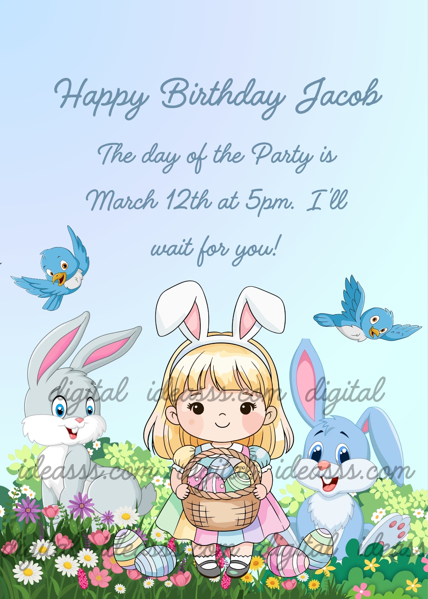 Cute girl with bunny ears holding an Easter basket with colorful eggs, two cartoon bunnies and two blue birds in a spring meadow with flowers — printable birthday card for children aged 1 to 12