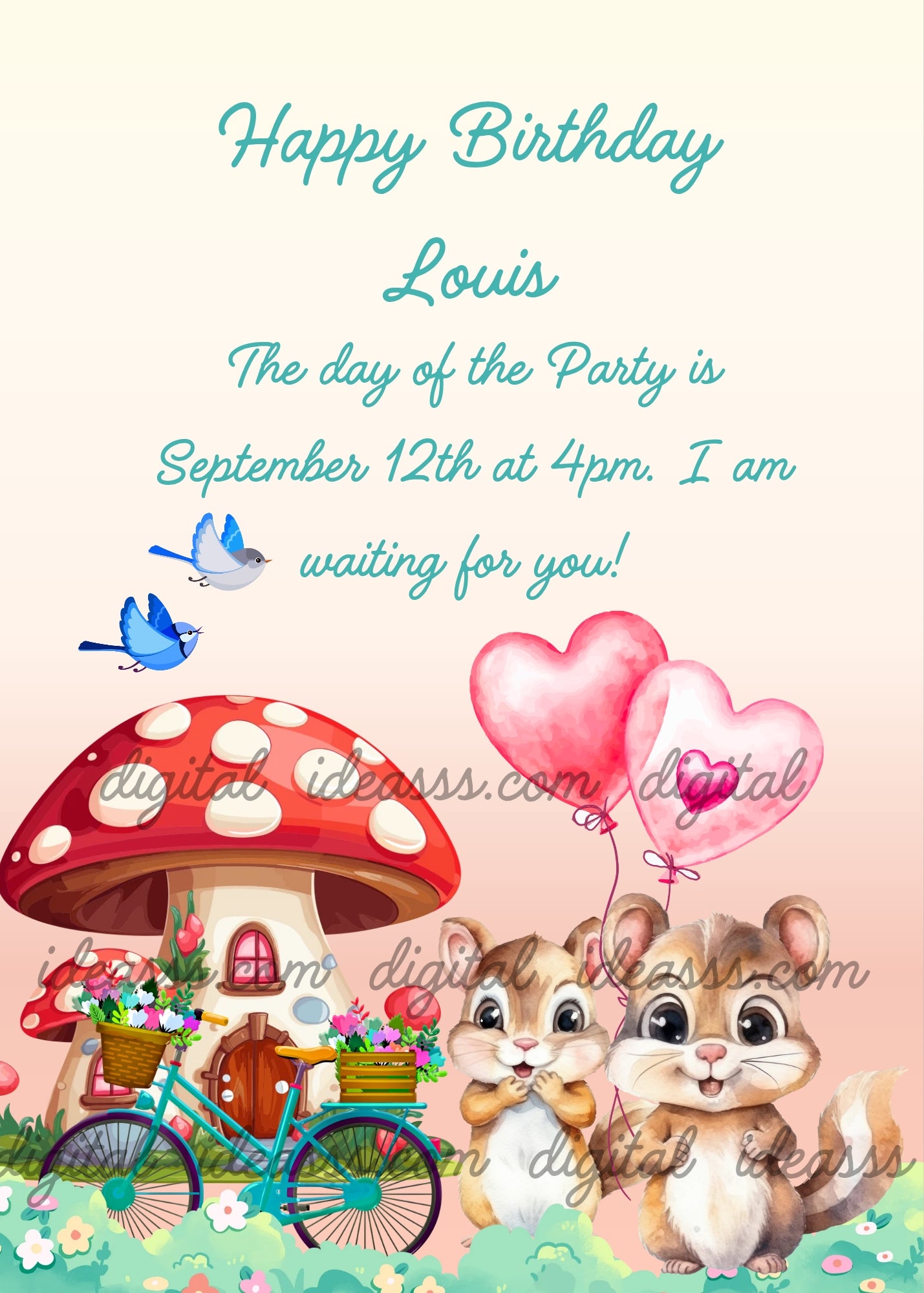 Two cute squirrels with pink heart balloons next to a red mushroom house with a teal bicycle and flowers, and two blue birds flying on a soft cream and peach background — printable birthday card for kids aged 1-9