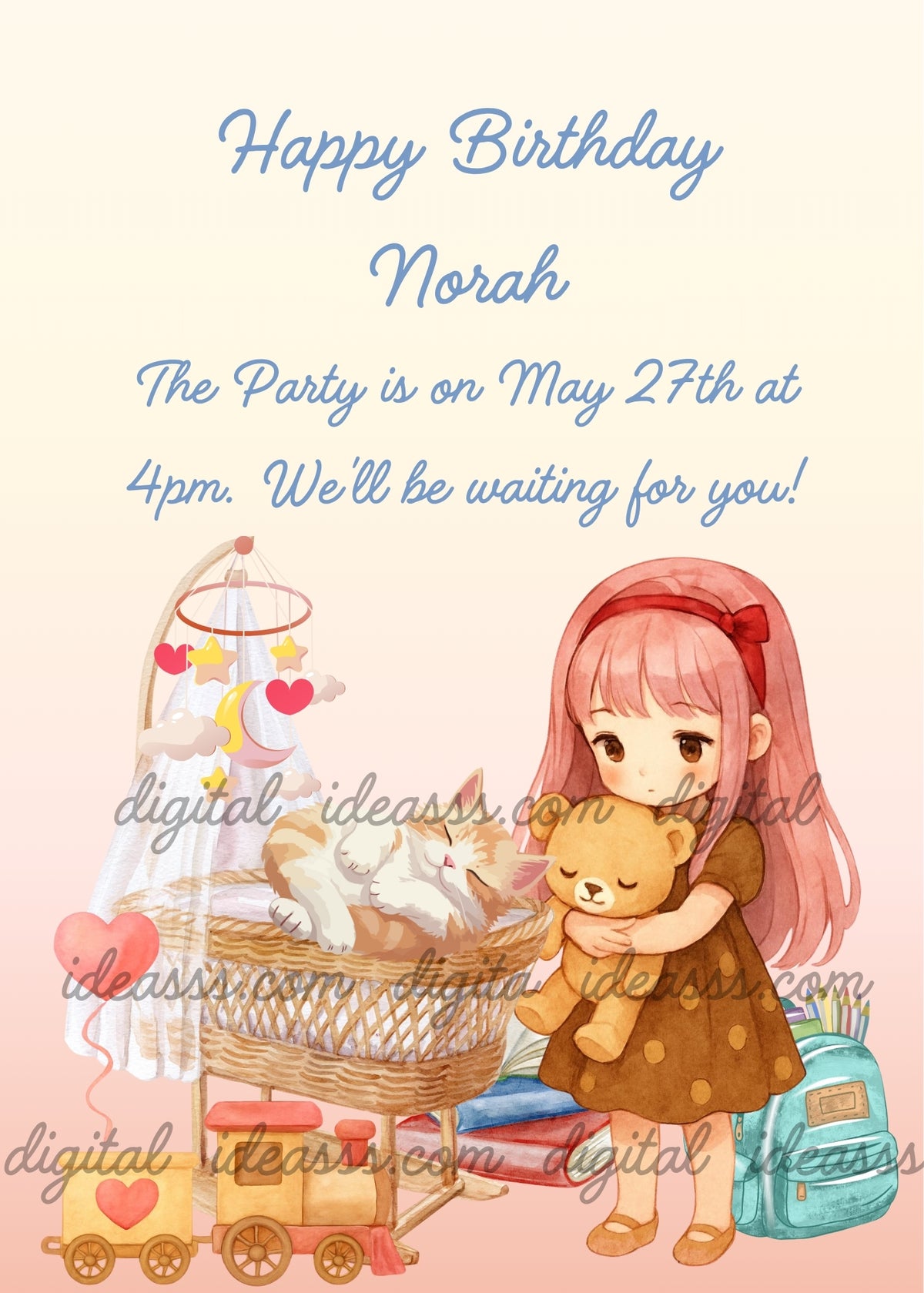 Little girl with long pink hair and a red bow standing and hugging a teddy bear, beside a wicker crib with a sleeping kitten, a mobile with stars, hearts, moons and clouds, a pink heart-shaped balloon, a wooden toy train with red details, books and a turquoise backpack, against a cream-to-peach gradient background - printable birthday card for girls aged 1 to 9