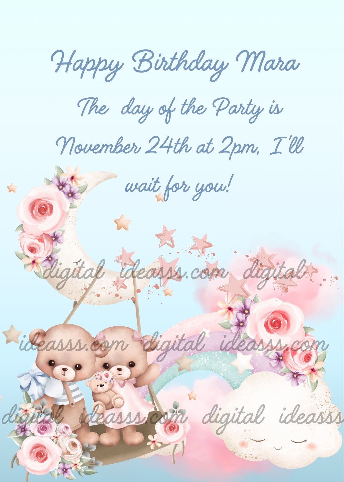 A sweet teddy bear couple sitting on a swing tied to a rose-decorated crescent moon, the girl teddy bear waving her paw and holding a tiny toy teddy bear, the boy teddy bear holding a gift package, with pink roses, purple flowers, golden and pink stars, a rainbow, fluffy clouds and a sleepy cloud on a soft blue background — birthday card for children aged 1 to 8