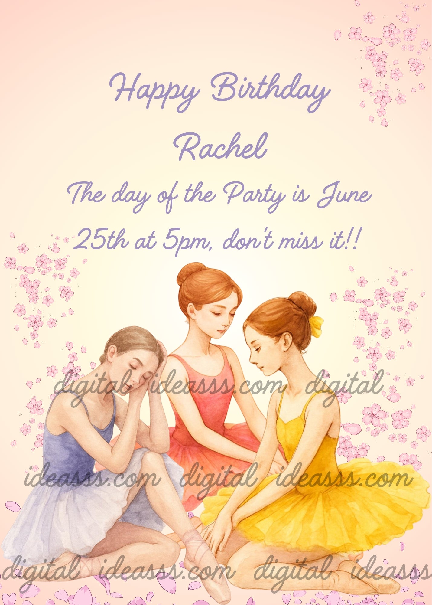 Three graceful ballerinas sitting on the floor during a break with tutus in three different colors — printable birthday card for girls ages 10 to 14