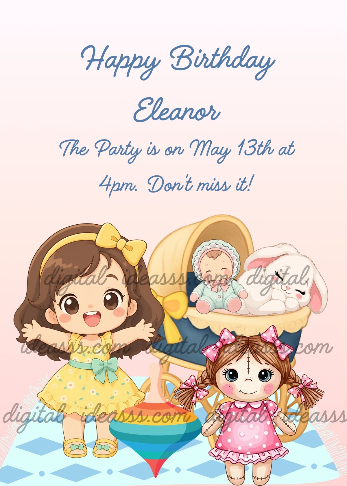 Smiling brown-haired girl in a yellow dress with a mint-green bow and a yellow bow headband, arms open beside a colorful spinning top, a blue and yellow pram holding a baby doll and a sleeping white bunny, and a pink polka-dot rag doll on a pale rug with light blue diamonds against a pink background - printable birthday card for girls aged 1 to 9