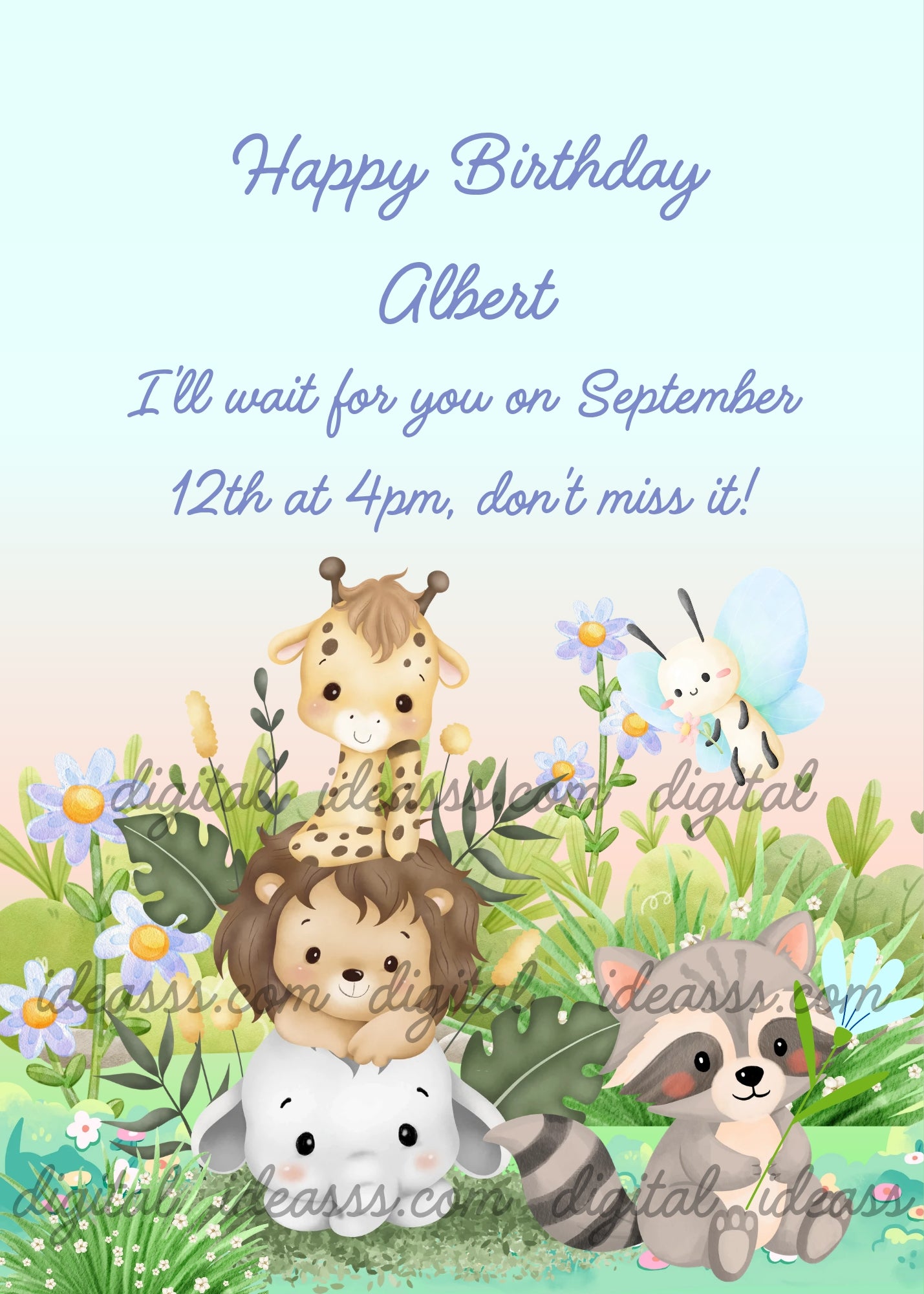 A charming kawaii giraffe balancing on a cuddly lion cub, a small white elephant, and a playful raccoon holding a blue flower, with a delicate blue butterfly flying nearby, surrounded by pastel flowers and tropical green leaves on a soft blue and pink background — birthday card for children aged 1 to 9