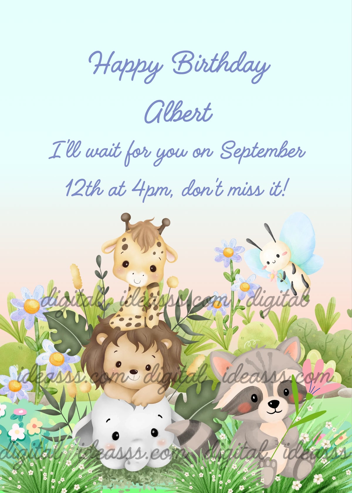 A baby elephant at the base, a lion cub on top, and a baby giraffe at the top forming a tower, a raccoon on the right carrying a pink flower, and a little butterfly flying among blue daisy flowers and green plants — birthday card for kids aged 1 to 9