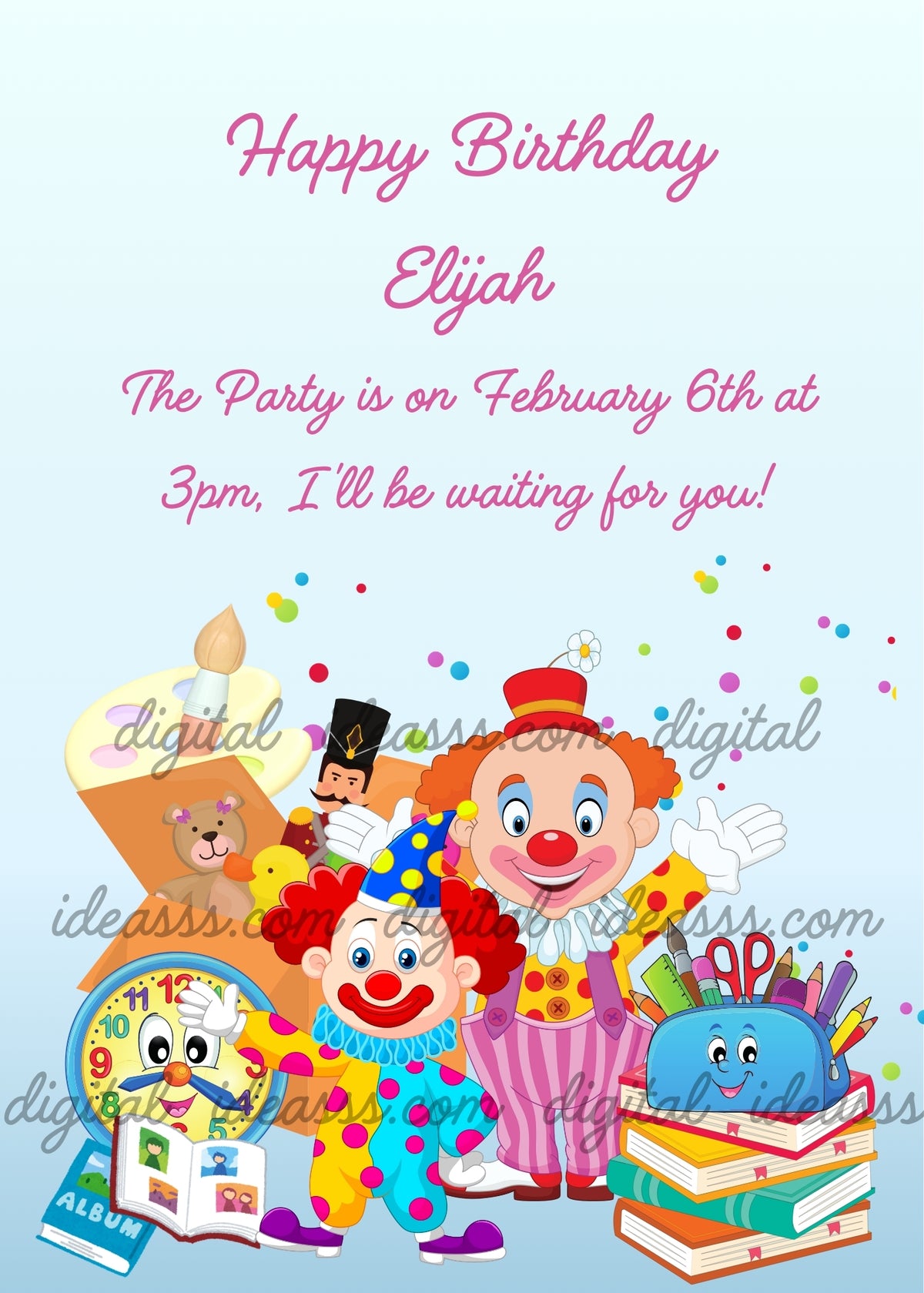 Two cheerful clowns in colorful polka-dot outfits beside a toy box with a teddy bear and wooden soldier, a painter’s palette and brush, a smiling toy clock, an open illustrated book, and a stack of books topped by a smiling blue pencil case with stationery, against a light blue background with colorful confetti - printable birthday card for children aged 6 to 12