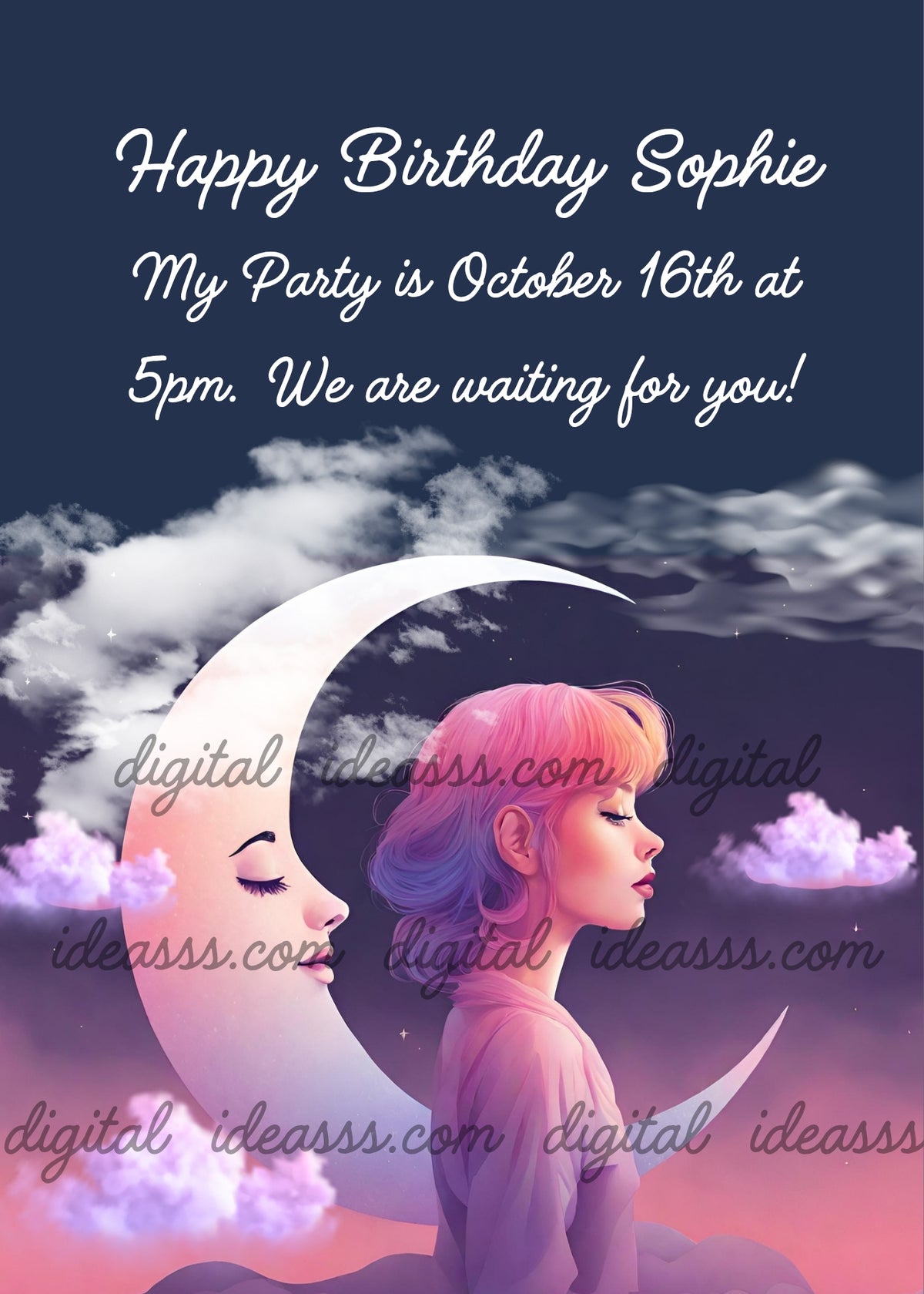 A young girl in profile with pink, purple and blue hair reflections and a white blouse next to a beautiful white crescent moon with feminine features and closed eyes, on a gradient deep pink to night blue background with soft white clouds and pink hills — birthday card for girls aged 10 to 14