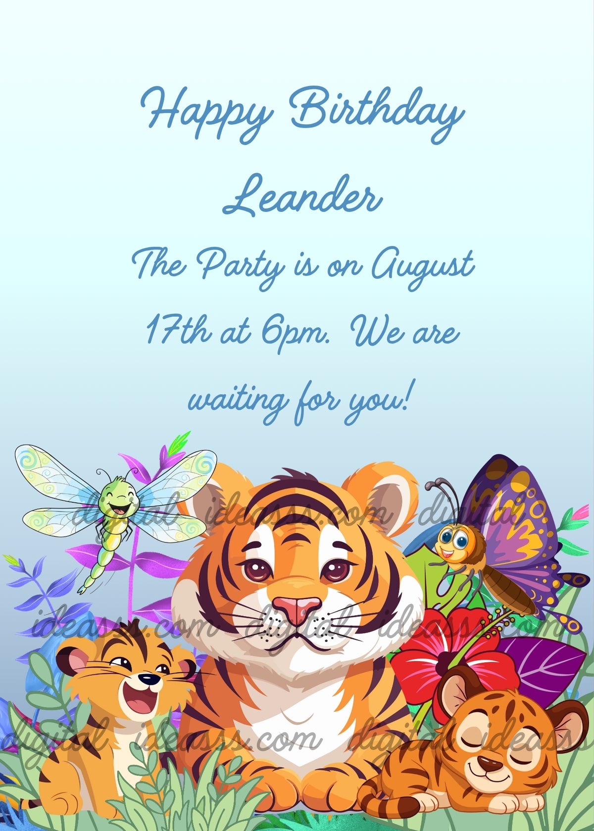 Mother tiger with two cubs in a jungle scene, one cub roaring tenderly on the left, one sleeping on the right, with a dragonfly, a butterfly and a red hibiscus flower — birthday card for kids aged 3 to 9