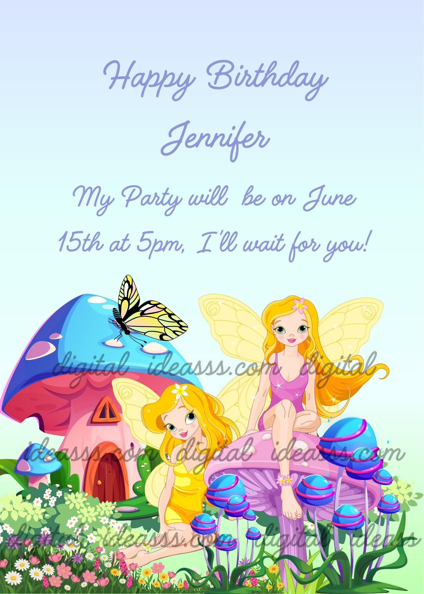 Two blonde fairies with golden wings one in yellow dress sitting on the grass and one in purple dress sitting on a pink mushroom with a blue mushroom house and a yellow butterfly on a soft blue background — birthday card for girls aged 9 to 14