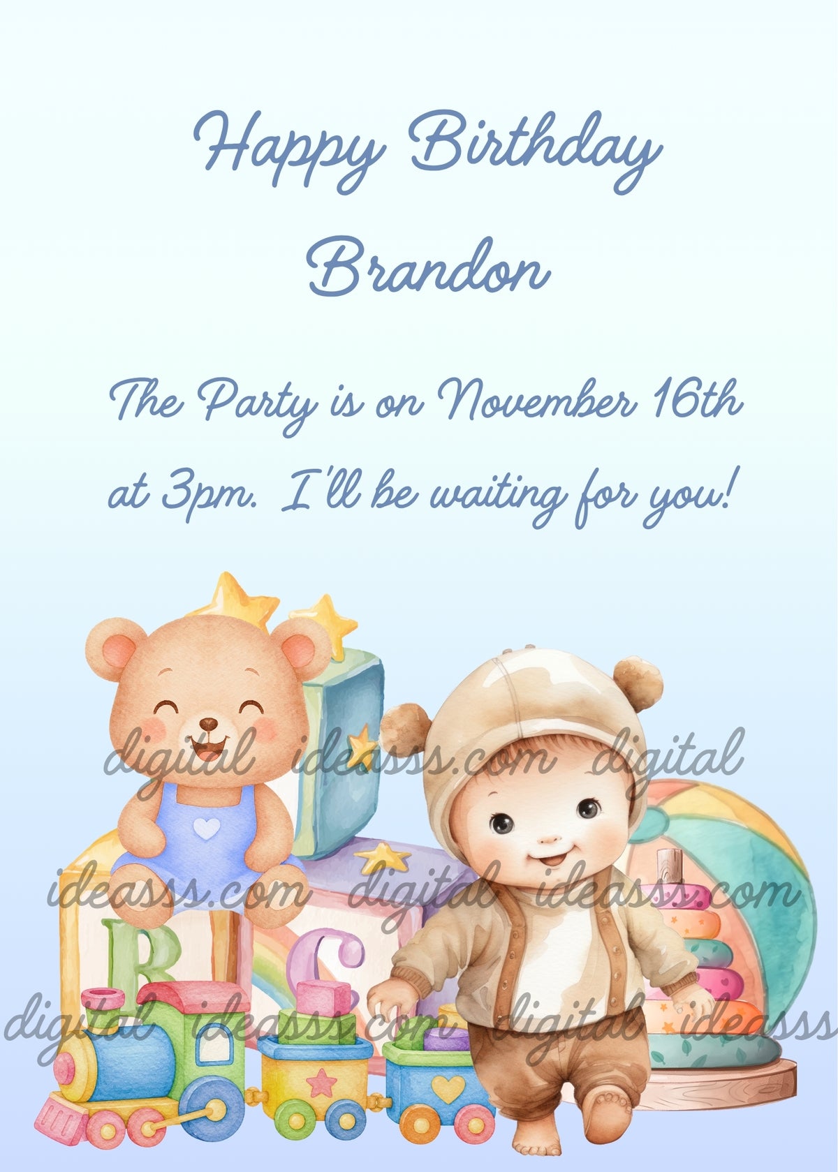 Smiling child in a beige bear-eared hooded outfit beside a smiling teddy bear in a light blue shirt with a small heart, seated on pastel toy blocks, with a multicolored toy train in front and a colorful ball and stacking rings on the right, against a light blue gradient background - printable birthday card for children aged 1 to 8