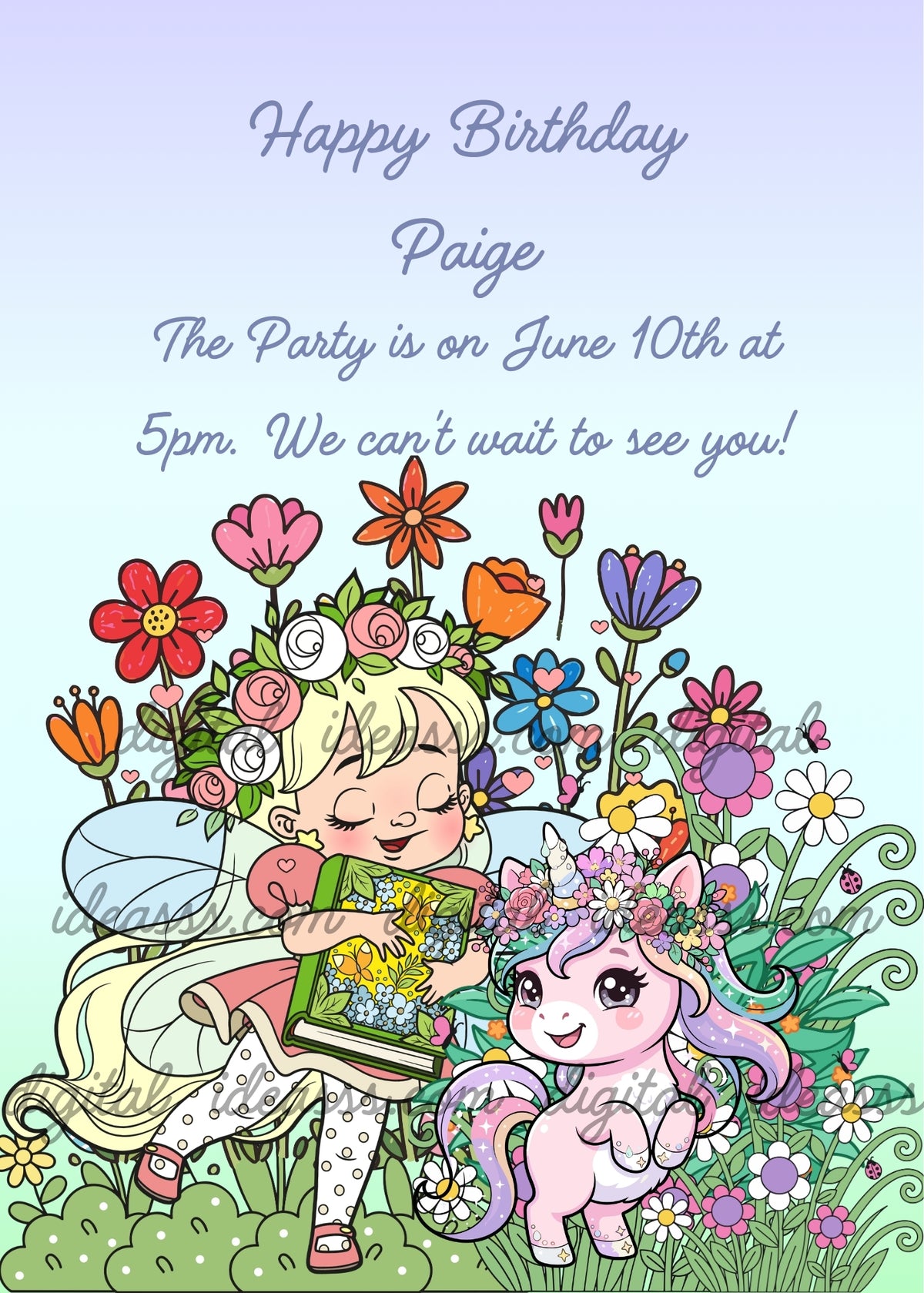 Girl dressed as a fairy reading a storybook to a pink unicorn, both wearing flower crowns in a colorful garden - printable birthday card for girls aged 6 to 12