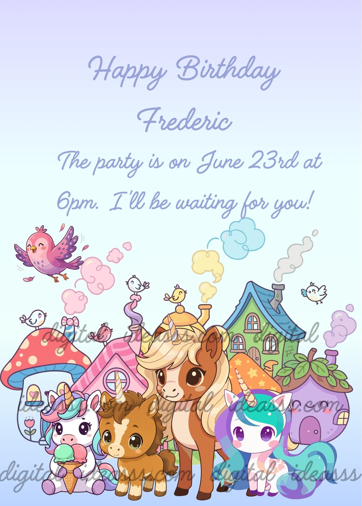 Four unicorns in a colorful village with mushroom and whimsical houses, pastel chimney smoke and little birds, including a white unicorn holding an ice cream, two brown unicorns and a white unicorn with a turquoise mane - printable birthday card for children aged 1 to 8