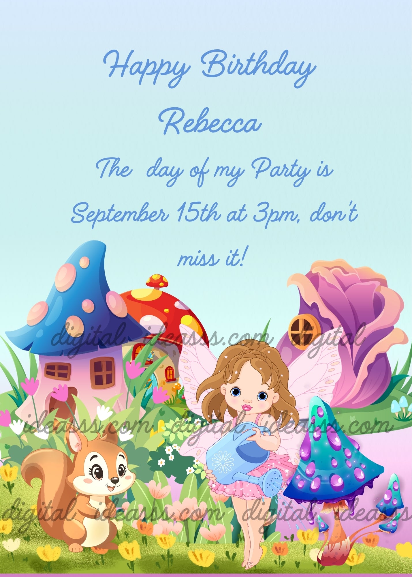 A little fairy in a pink dress watering a mushroom with a watering can while a squirrel watches, with a blue mushroom house, a red mushroom house and a rose bud house in a colorful garden on a soft blue background — birthday card for girls aged 9 to 14