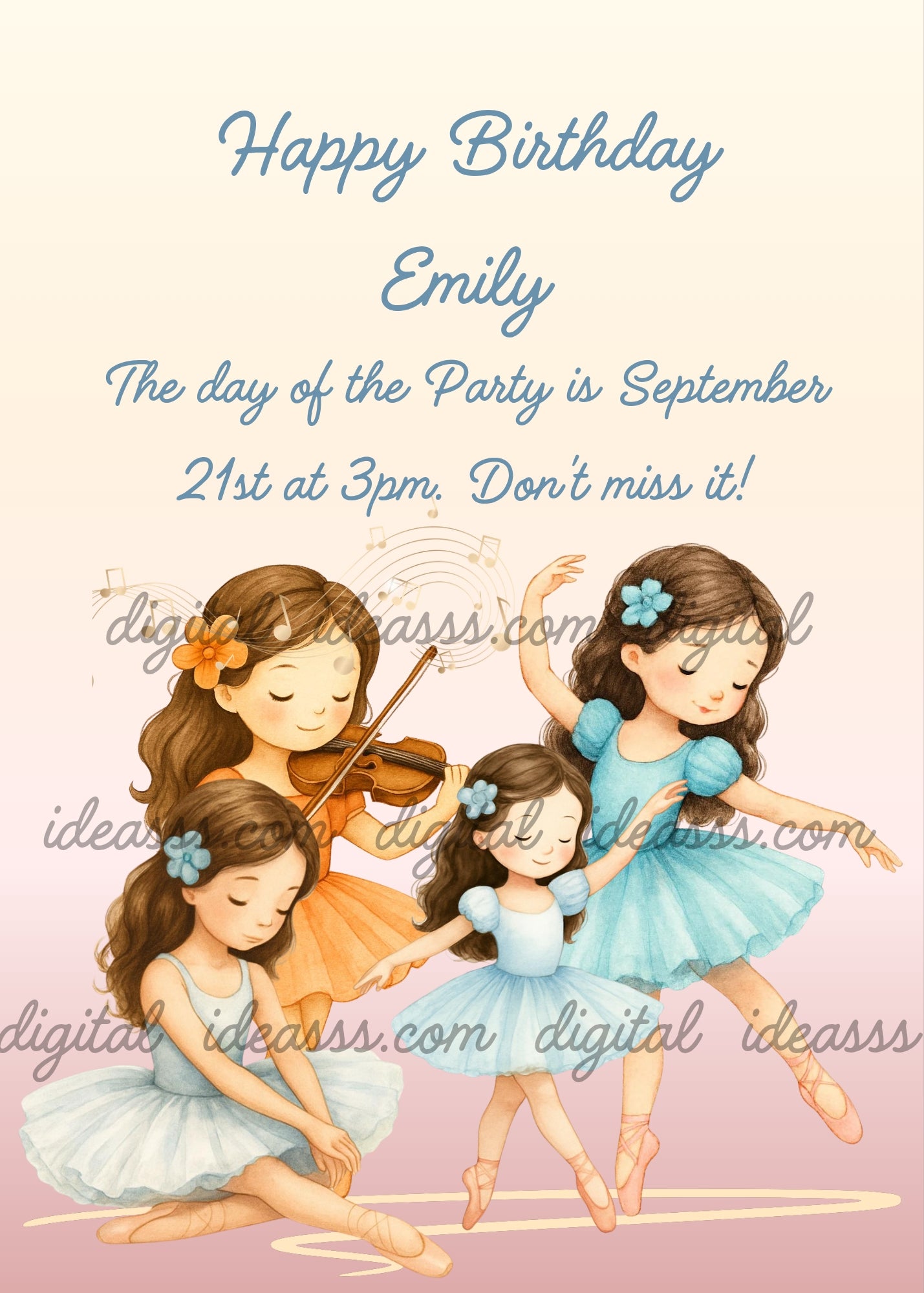 A pretty ballerina plays the violin for her friends at ballet school — printable birthday card for girls ages 3 to 10