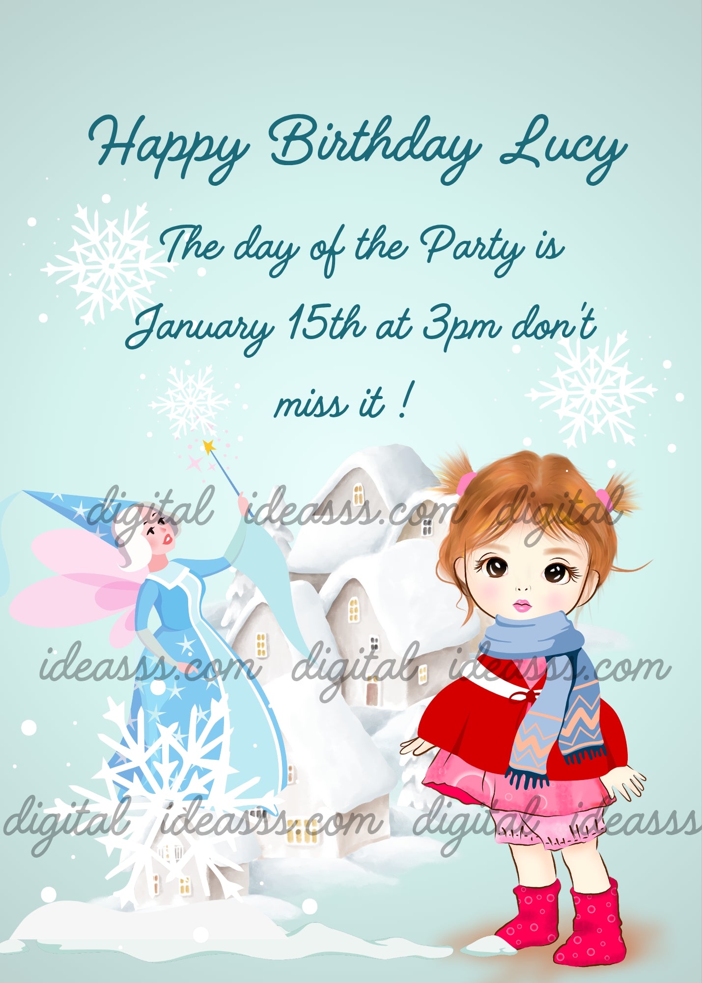 A little girl in a red cape with a blue scarf and pink boots standing in the foreground, a winter fairy in a light blue dress with pink wings and a magic wand flying on the left, a snowy white village in the background and stylized snowflakes on a soft blue gradient background — birthday card for girls aged 6 to 12