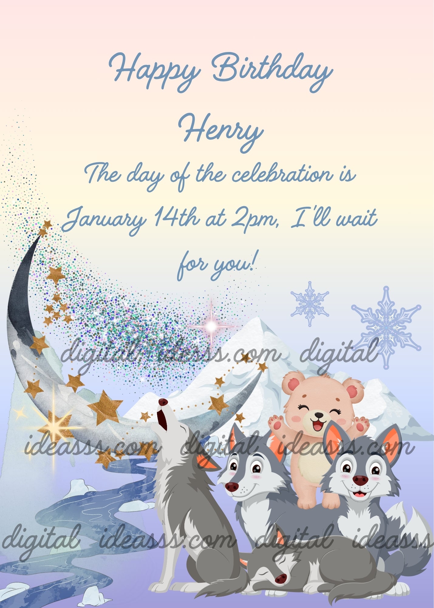 Four cute grey wolves in a snowy winter landscape: one sleeping, one howling at the crescent moon, and two others, one carrying a little bear cub on its back — birthday card for children aged 3 to 10