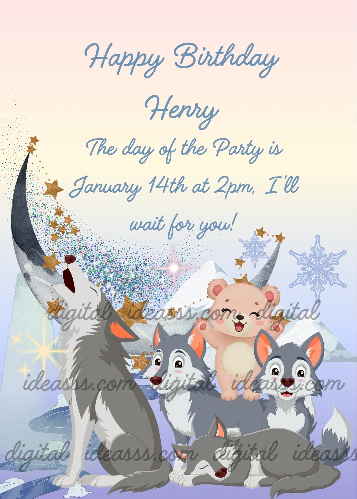 Four cute grey wolves in a snowy winter landscape: one sleeping, one howling at the crescent moon, and two others, one carrying a little bear cub on its back — birthday card for children aged 3 to 10