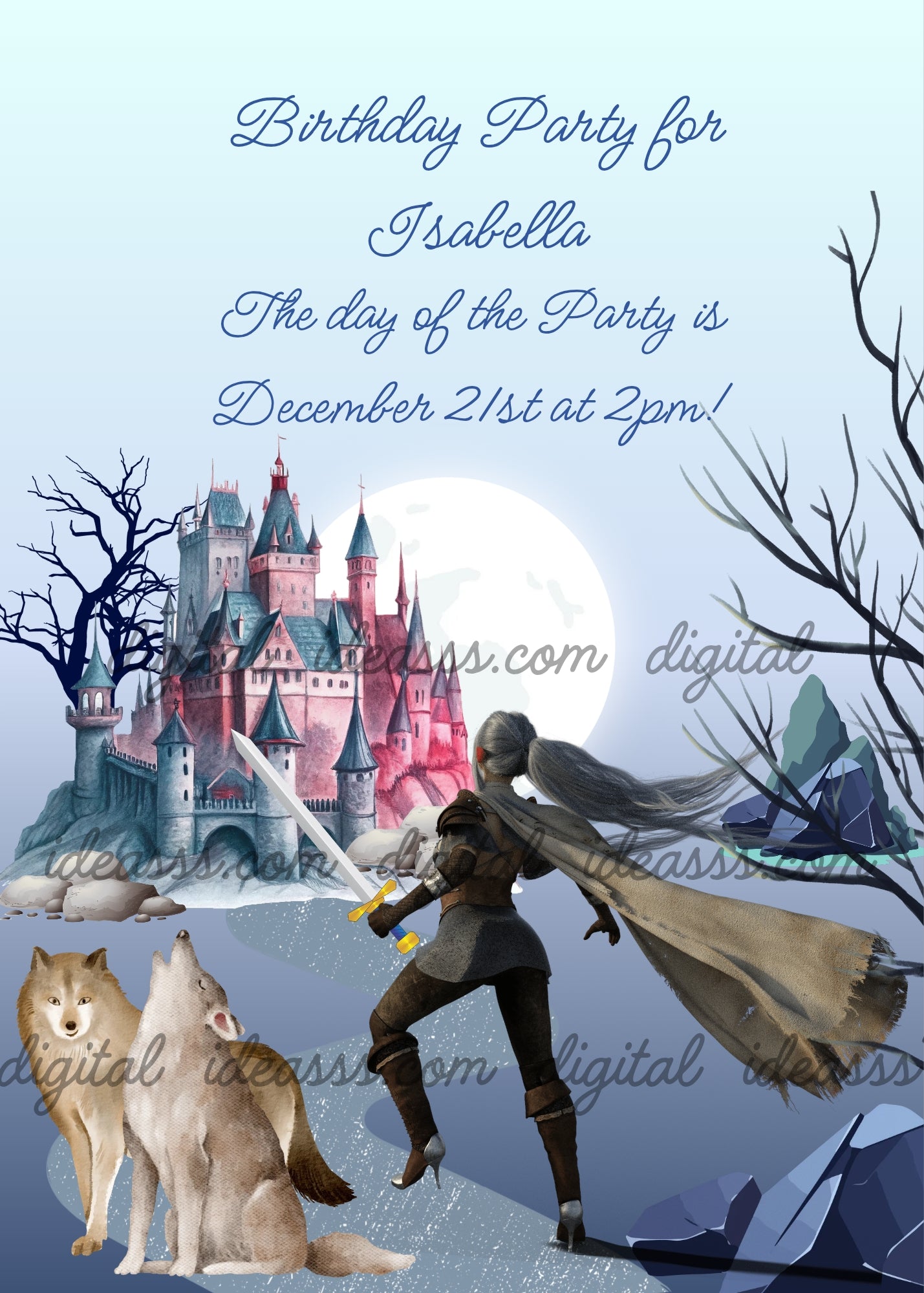 A warrior princess in dark armor with a long flowing cape holding a golden-hilted sword, two wolves on the left, a watercolor castle with pink and teal towers in the background, a large full moon rising behind the castle, bare trees on both sides, blue geometric rocks on the right, on a light blue night sky background — birthday card for girls aged 10 to 14