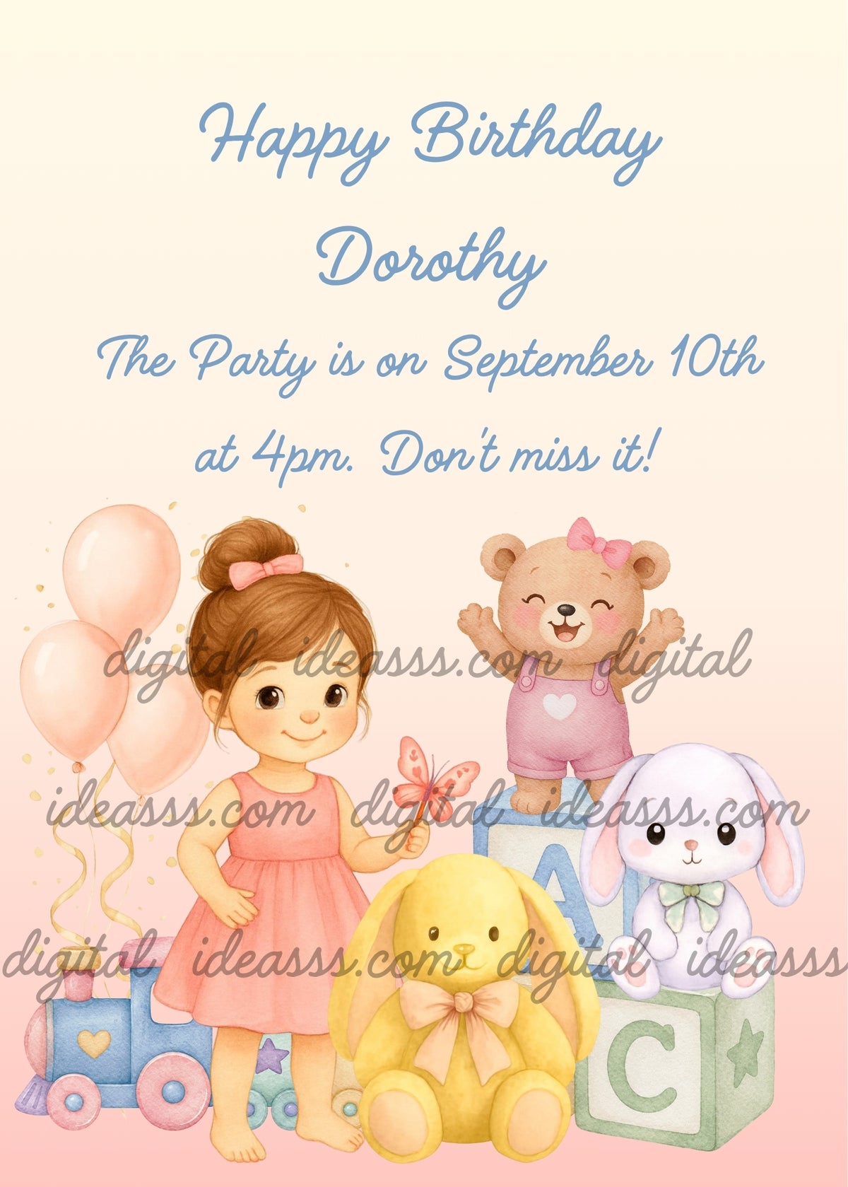 Girl with brown hair in a bun and a pink bow, wearing a pink dress and holding a toy butterfly, beside a yellow plush bunny, pastel ABC blocks topped by a white bunny and a happy teddy bear in a pink romper, with a colorful toy train and three pink balloons against a cream-to-peach background - printable birthday card for girls aged 1 to 9